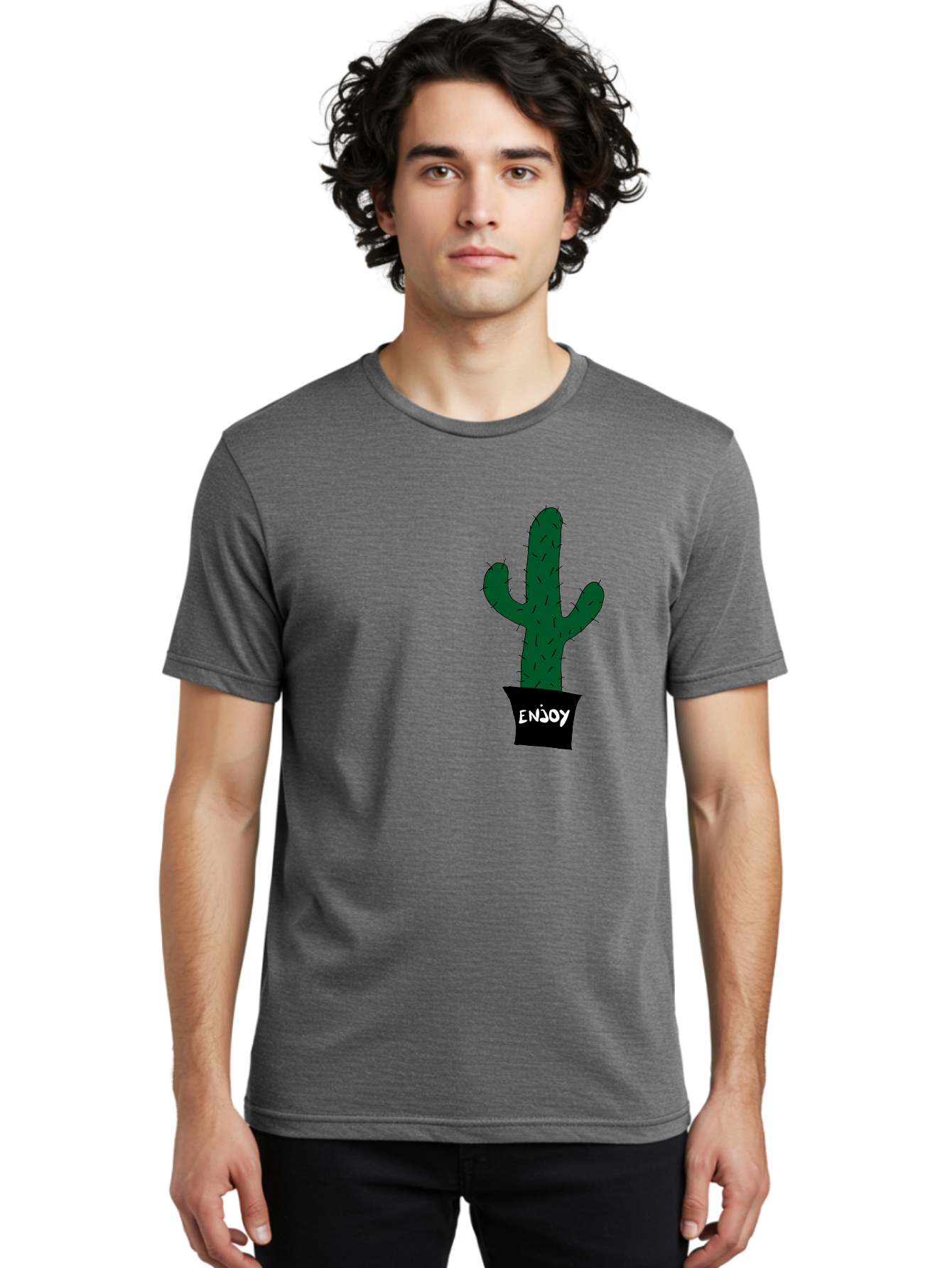 Enjoy Men'S Graphic Tee, 100% Cotton, Comfortable Casual Summer Wear, Machine Washable, Cactus In A Pot, Simple Design, Hand Drawn Illustration, Minimalistic Art, Cactus Plant, Enjoy Message, Modern Decor, Indoor Plants, Quirky Art, - Aaa033