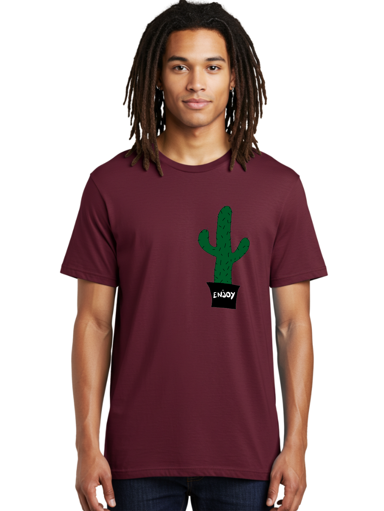 Enjoy Men'S Graphic Tee, 100% Cotton, Comfortable Casual Summer Wear, Machine Washable, Cactus In A Pot, Simple Design, Hand Drawn Illustration, Minimalistic Art, Cactus Plant, Enjoy Message, Modern Decor, Indoor Plants, Quirky Art, - Aaa033