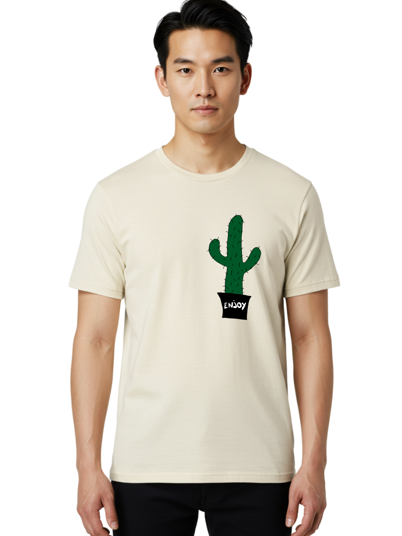 Enjoy Men'S Graphic Tee, 100% Cotton, Comfortable Casual Summer Wear, Machine Washable, Cactus In A Pot, Simple Design, Hand Drawn Illustration, Minimalistic Art, Cactus Plant, Enjoy Message, Modern Decor, Indoor Plants, Quirky Art, - Aaa033