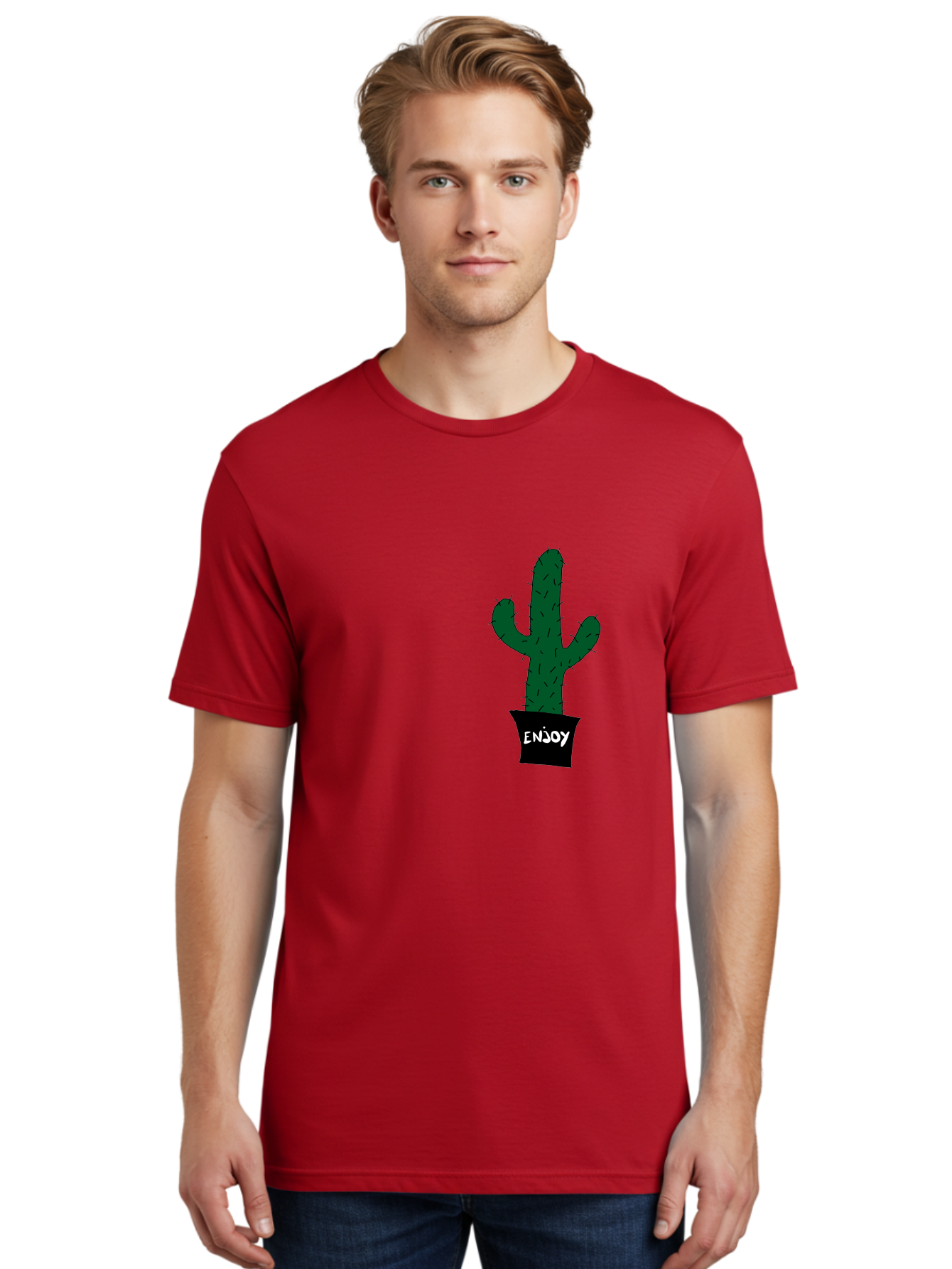 Enjoy Men'S Graphic Tee, 100% Cotton, Comfortable Casual Summer Wear, Machine Washable, Cactus In A Pot, Simple Design, Hand Drawn Illustration, Minimalistic Art, Cactus Plant, Enjoy Message, Modern Decor, Indoor Plants, Quirky Art, - Aaa033