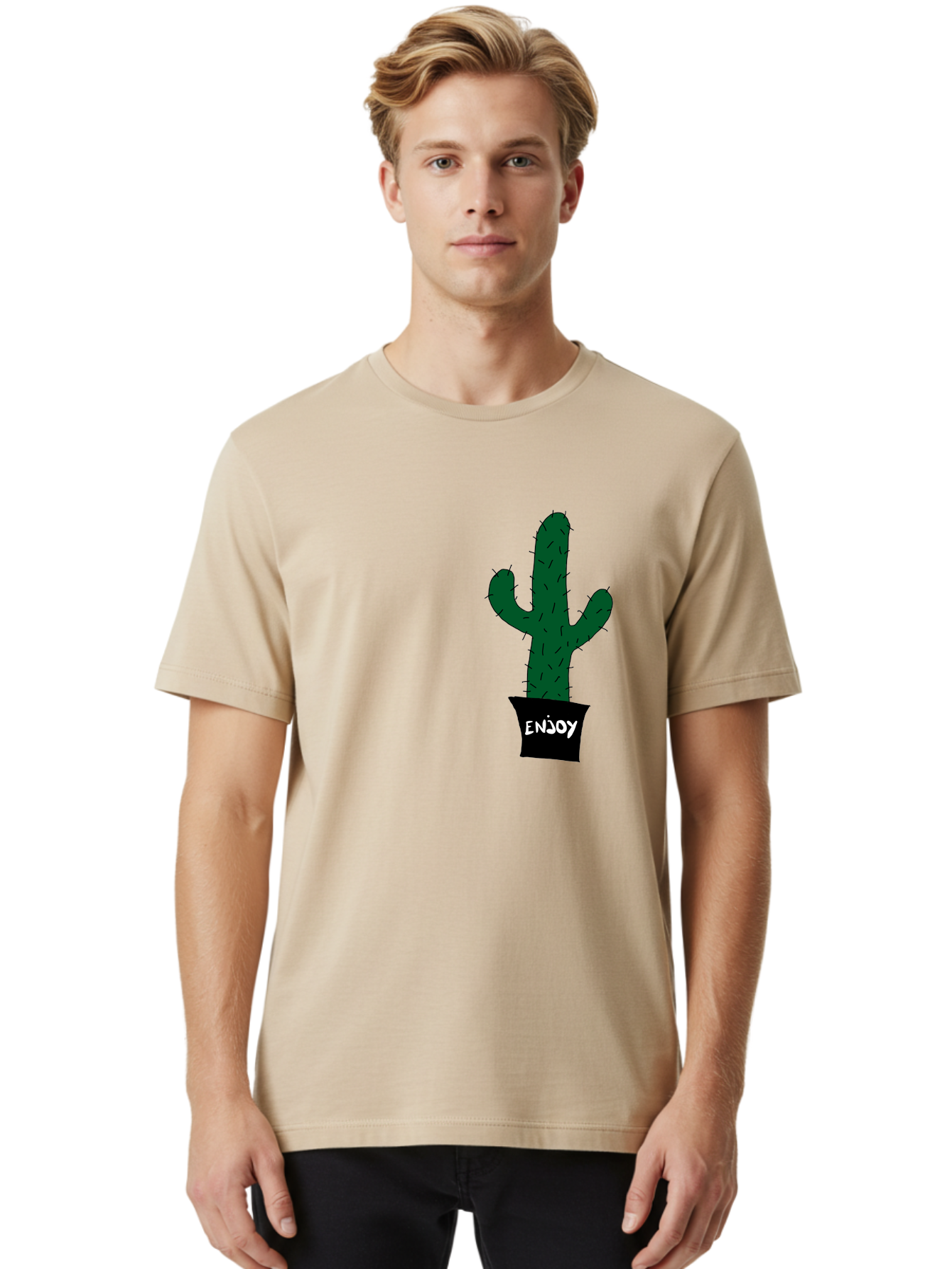 Enjoy Men'S Graphic Tee, 100% Cotton, Comfortable Casual Summer Wear, Machine Washable, Cactus In A Pot, Simple Design, Hand Drawn Illustration, Minimalistic Art, Cactus Plant, Enjoy Message, Modern Decor, Indoor Plants, Quirky Art, - Aaa033