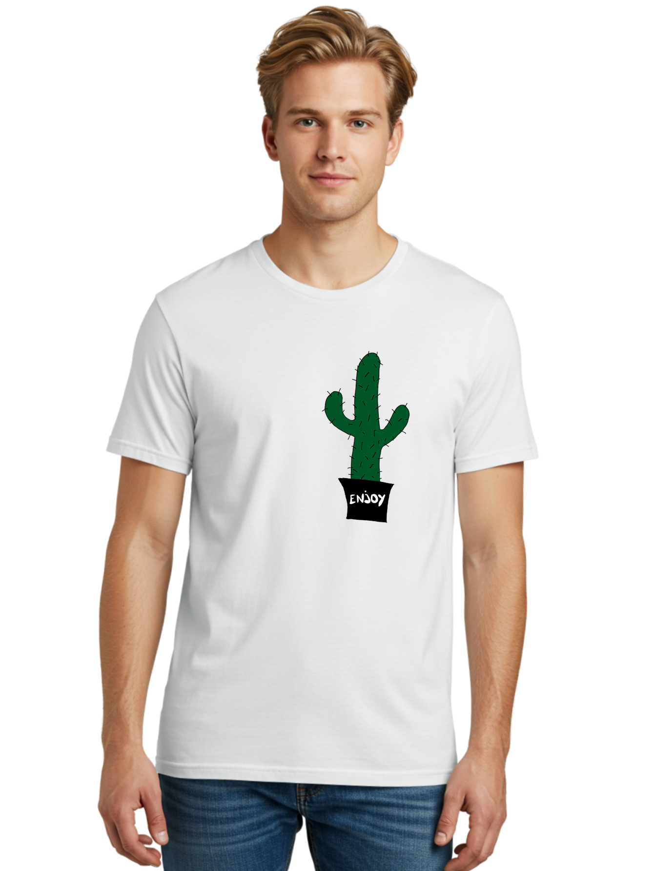 Enjoy Men'S Graphic Tee, 100% Cotton, Comfortable Casual Summer Wear, Machine Washable, Cactus In A Pot, Simple Design, Hand Drawn Illustration, Minimalistic Art, Cactus Plant, Enjoy Message, Modern Decor, Indoor Plants, Quirky Art, - Aaa033