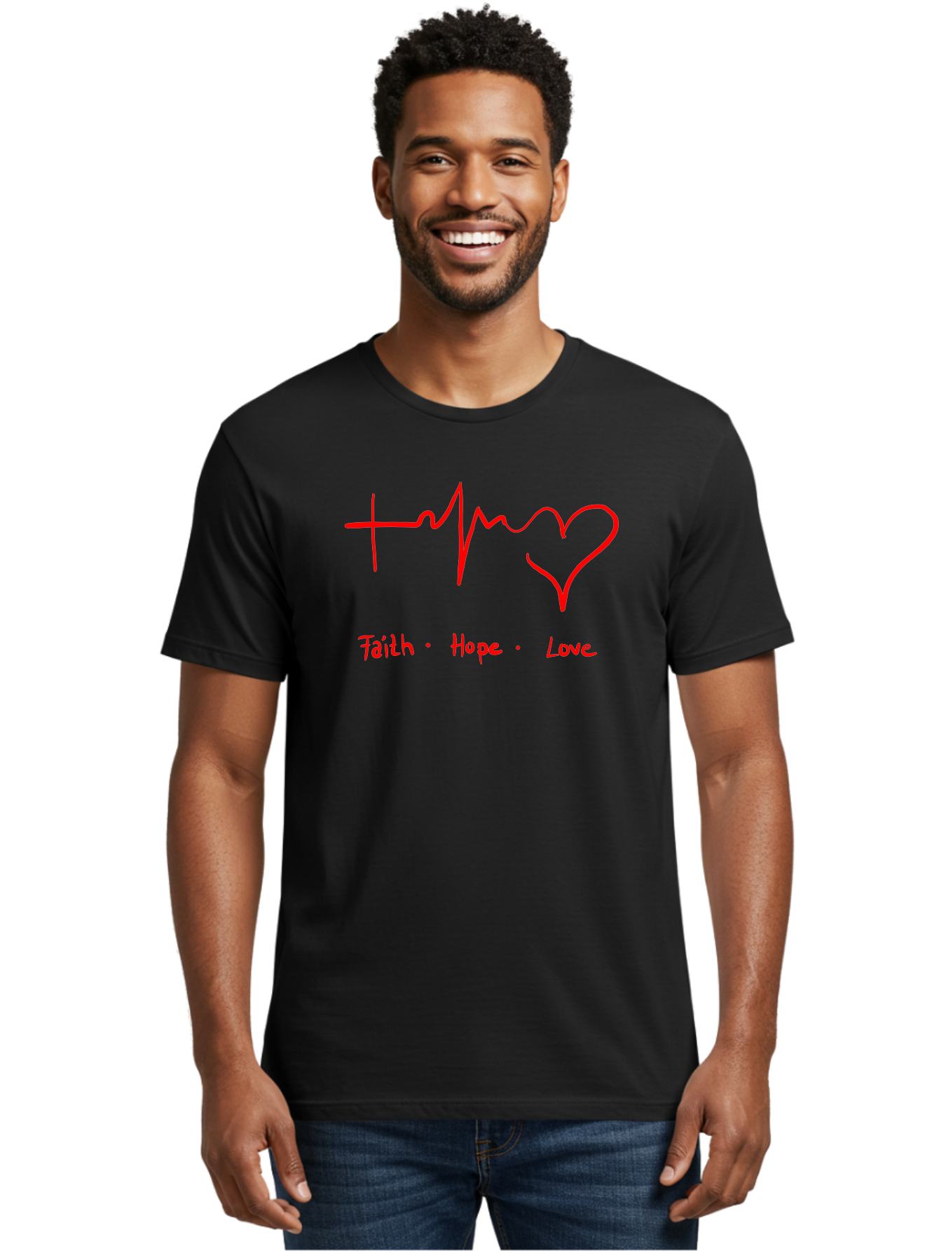 Faith-Hope-Love Men'S Graphic Tee, 100% Cotton, Comfortable Casual Summer Wear, Machine Washable, Heart Rate Monitor Forming A Heart, Faith Hope Love, Inspirational Quote, Love Symbol, Heartbeat Love, Positive Message, Heart Symbol, - Aaa035