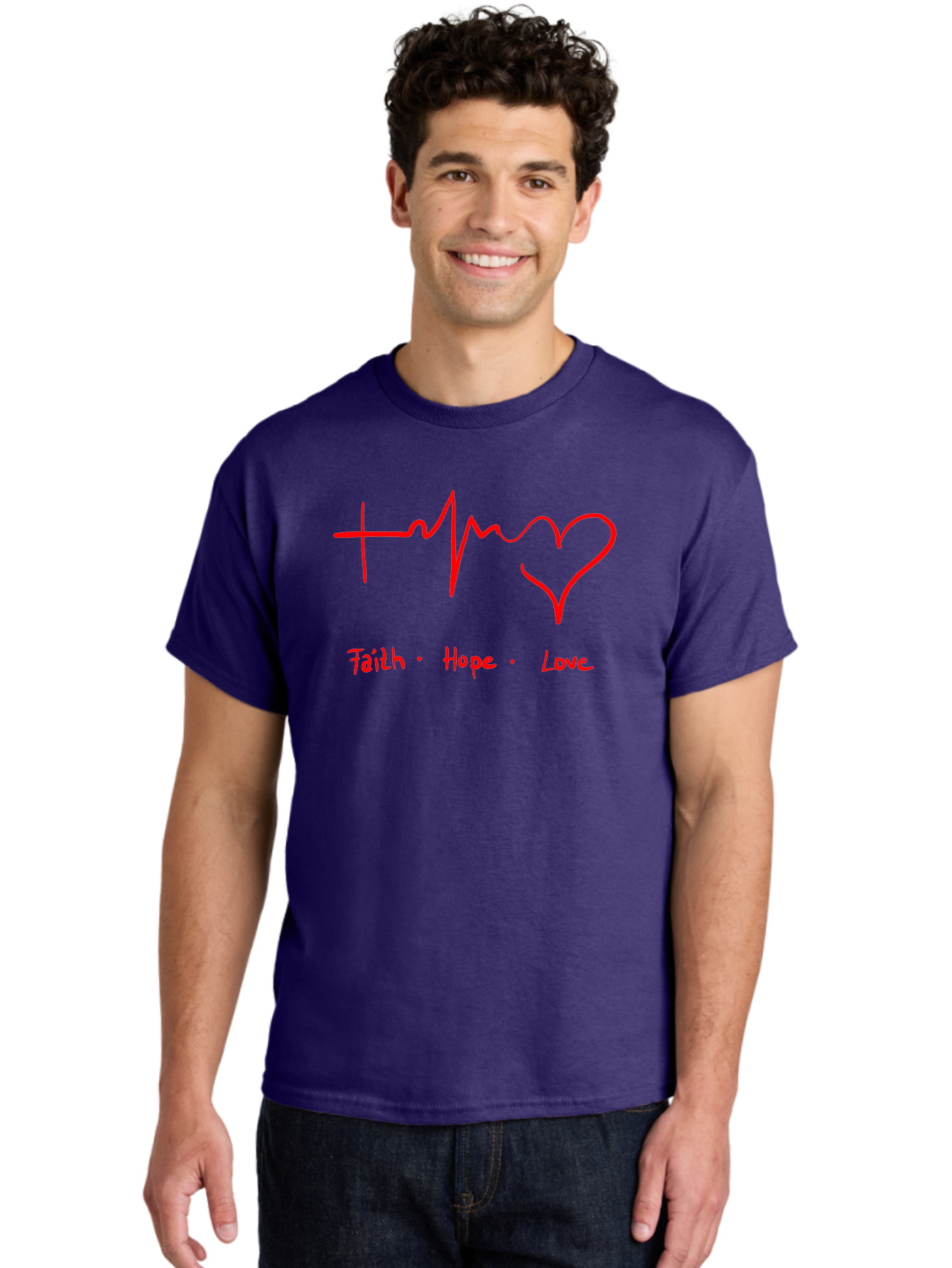 Faith-Hope-Love Men'S Graphic Tee, 100% Cotton, Comfortable Casual Summer Wear, Machine Washable, Heart Rate Monitor Forming A Heart, Faith Hope Love, Inspirational Quote, Love Symbol, Heartbeat Love, Positive Message, Heart Symbol, - Aaa035