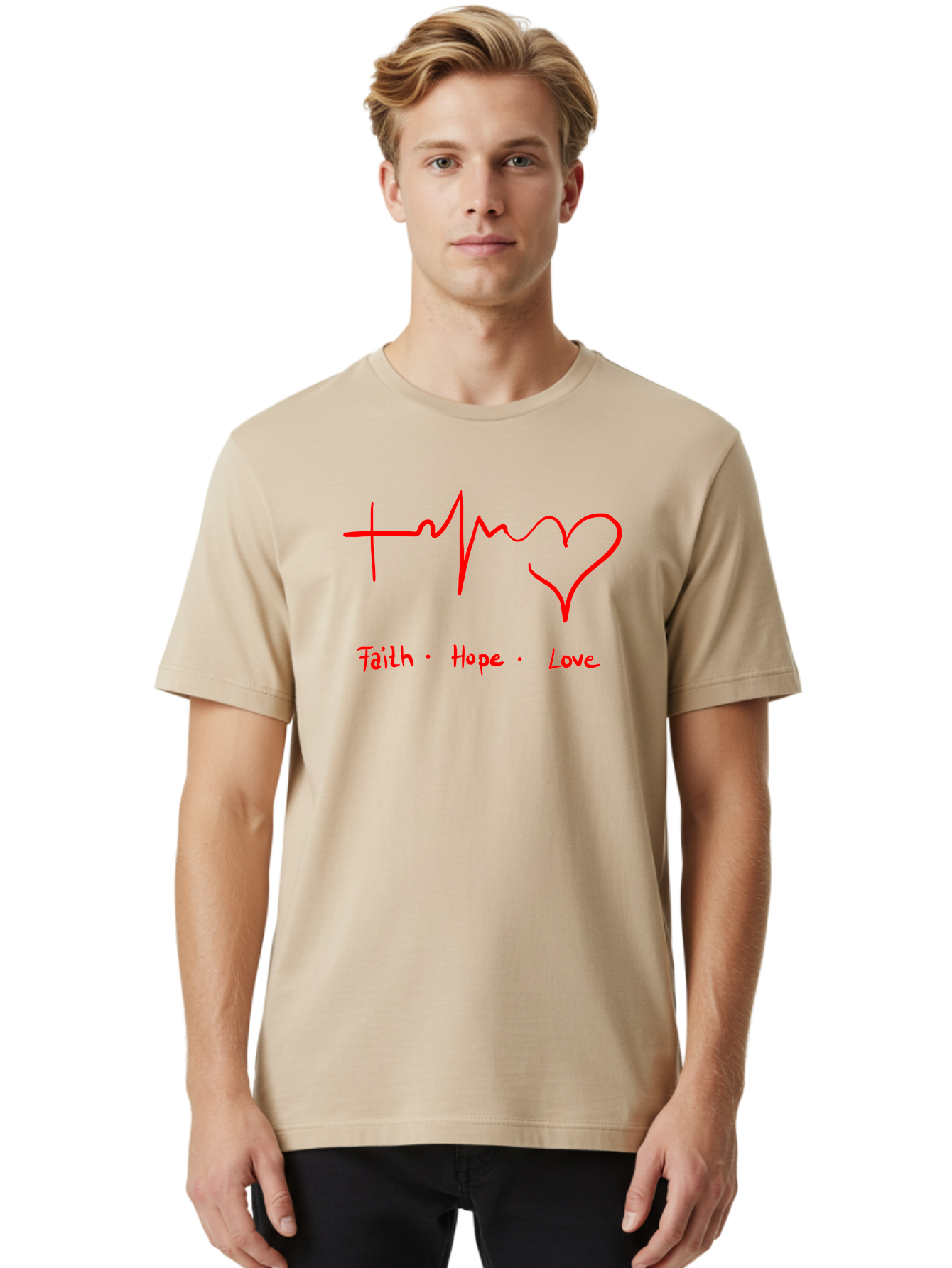 Faith-Hope-Love Men'S Graphic Tee, 100% Cotton, Comfortable Casual Summer Wear, Machine Washable, Heart Rate Monitor Forming A Heart, Faith Hope Love, Inspirational Quote, Love Symbol, Heartbeat Love, Positive Message, Heart Symbol, - Aaa035