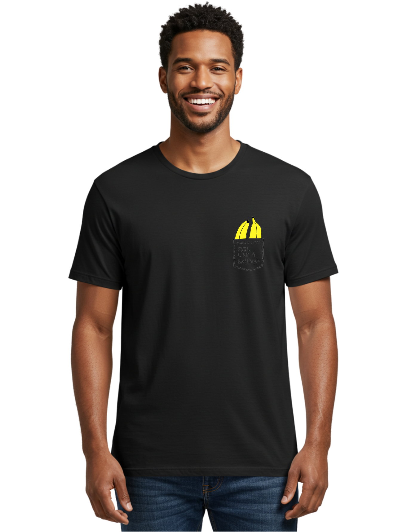 Feel-Like-A-Banana Men'S Graphic Tee, 100% Cotton, Comfortable Casual Summer Wear, Machine Washable, Yellow Bananas, Playful Illustration, Pocket With Text, Humorous Quote, Funny Design, Quirky Art, Banana Theme, Creative Typography, - Aaa036