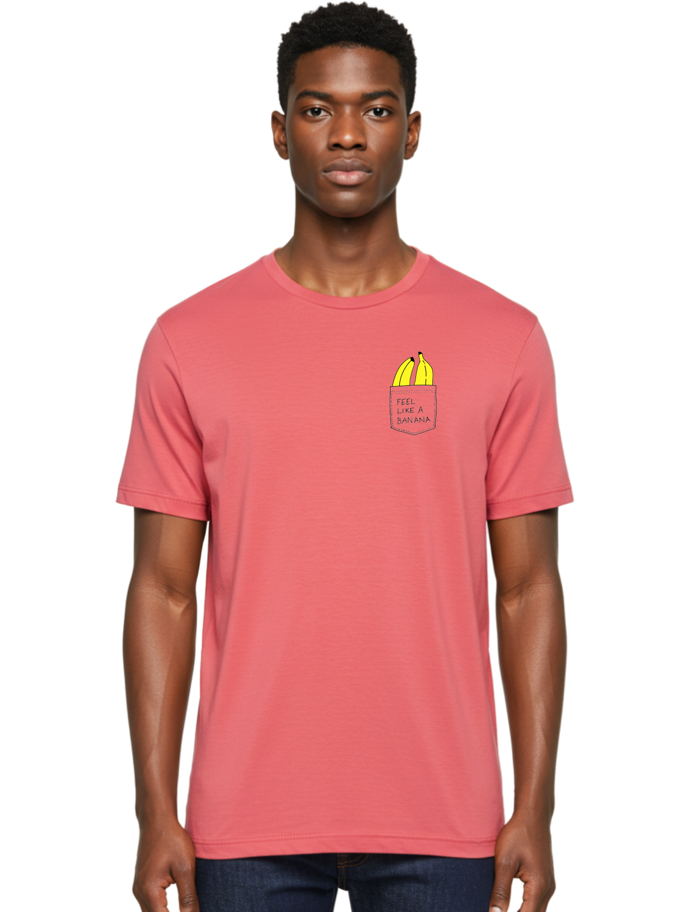 Feel-Like-A-Banana Men'S Graphic Tee, 100% Cotton, Comfortable Casual Summer Wear, Machine Washable, Yellow Bananas, Playful Illustration, Pocket With Text, Humorous Quote, Funny Design, Quirky Art, Banana Theme, Creative Typography, - Aaa036