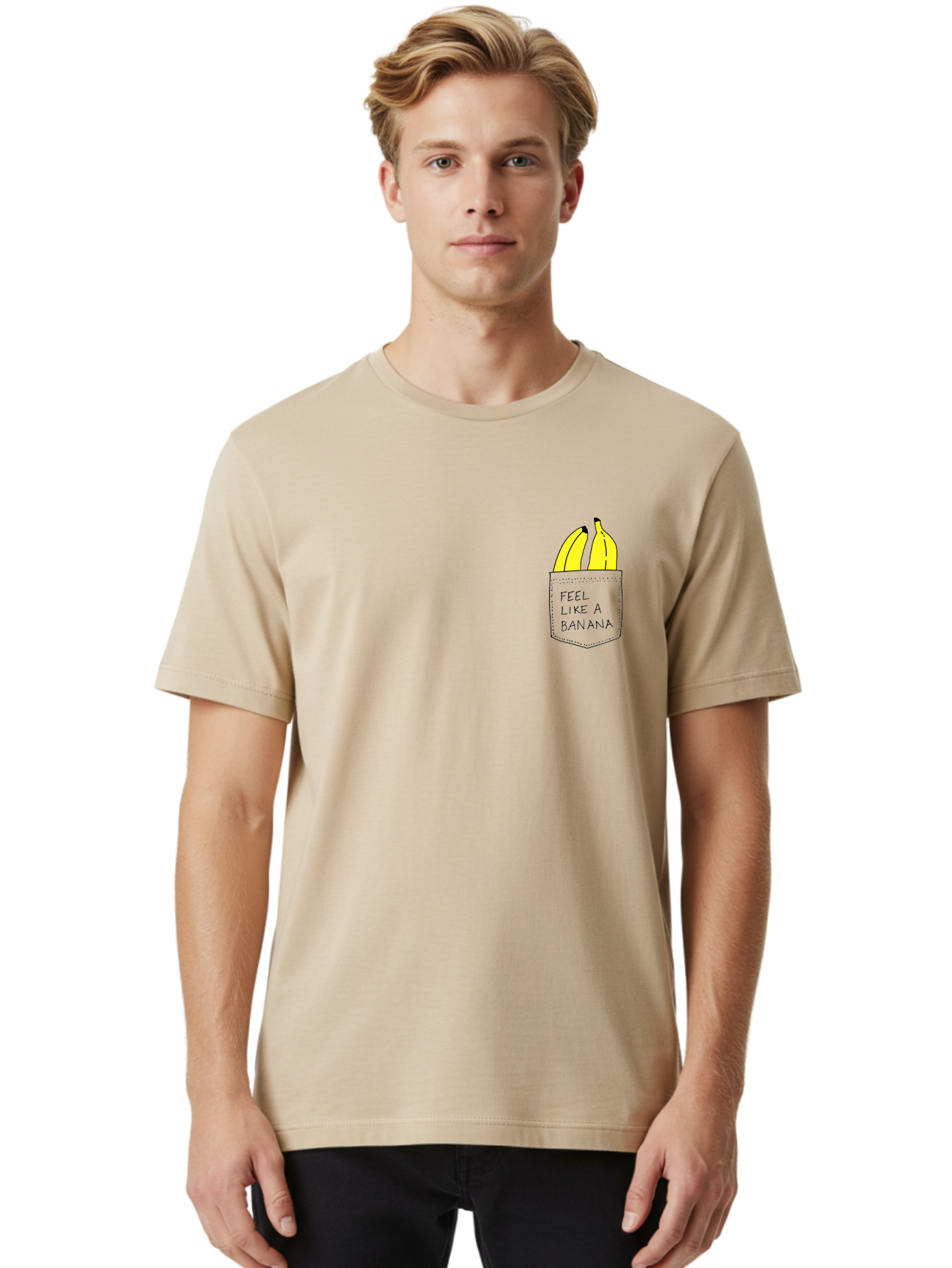 Feel-Like-A-Banana Men'S Graphic Tee, 100% Cotton, Comfortable Casual Summer Wear, Machine Washable, Yellow Bananas, Playful Illustration, Pocket With Text, Humorous Quote, Funny Design, Quirky Art, Banana Theme, Creative Typography, - Aaa036