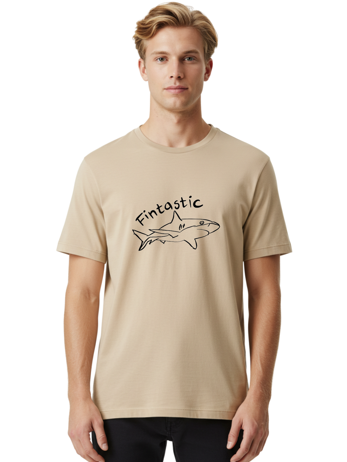 Fintastic-Shark Men'S Graphic Tee, 100% Cotton, Comfortable Casual Summer Wear, Machine Washable, Shark Graphic, Hand Drawn Illustration, Marine Life Art, Fin-Tastic Design, Ocean Creature, Cartoon Shark, Fish-Themed Graphic - Aaa038