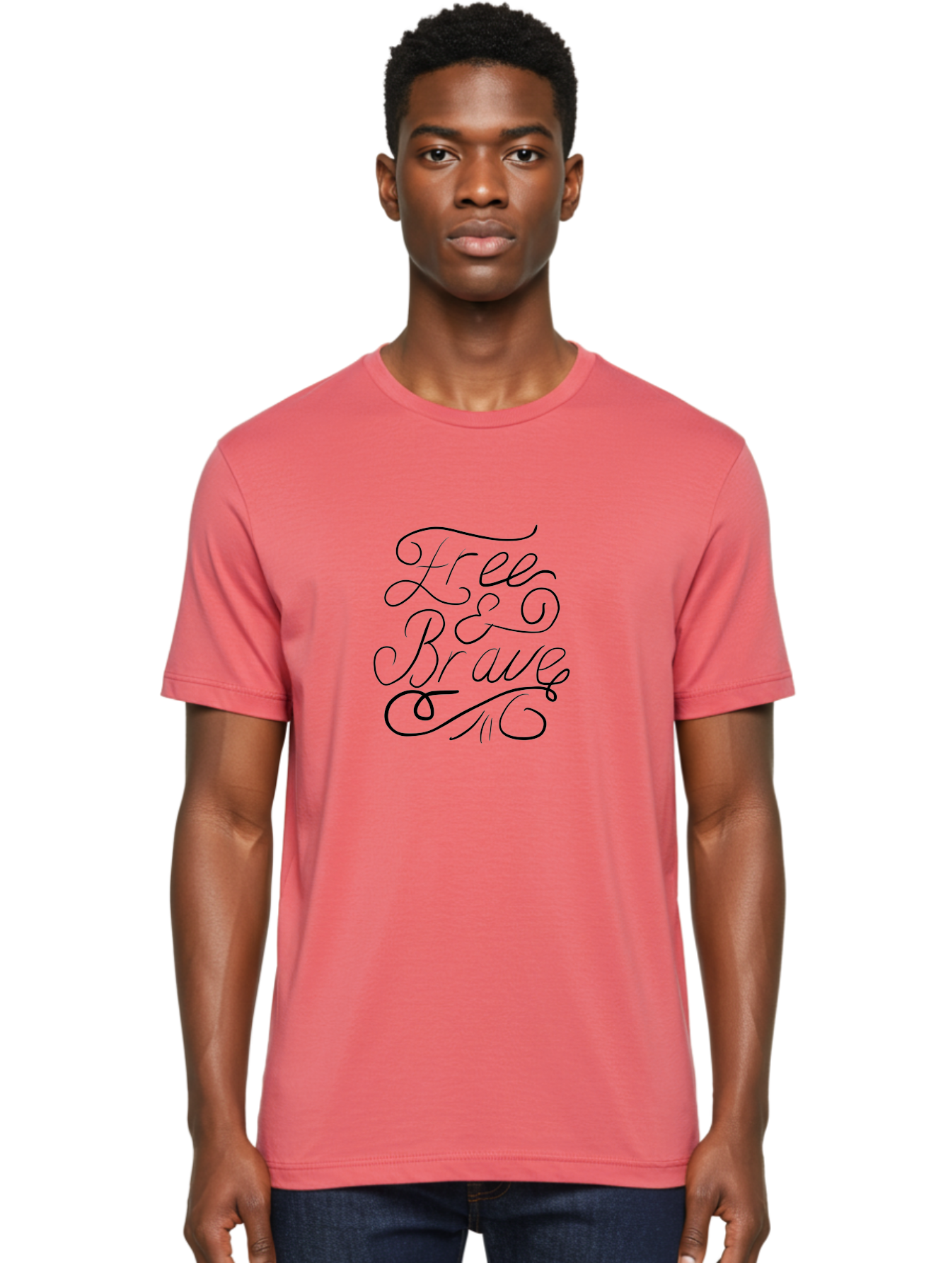 Free-Brave Men'S Graphic Tee, 100% Cotton, Comfortable Casual Summer Wear, Machine Washable, Free & Brave Typography, Inspirational Quotes, Motivational Phrases, Elegant Script, Decorative Lettering, Black Calligraphy - Aaa039