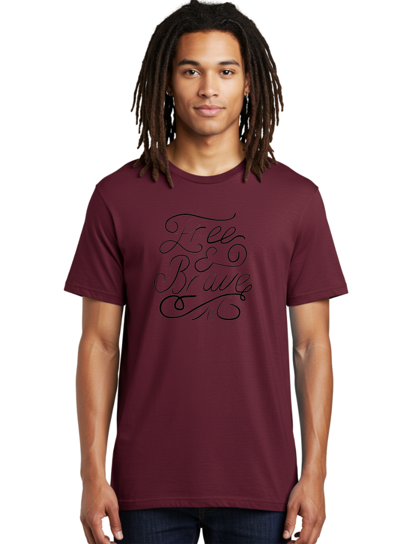 Free-Brave Men'S Graphic Tee, 100% Cotton, Comfortable Casual Summer Wear, Machine Washable, Free & Brave Typography, Inspirational Quotes, Motivational Phrases, Elegant Script, Decorative Lettering, Black Calligraphy - Aaa039