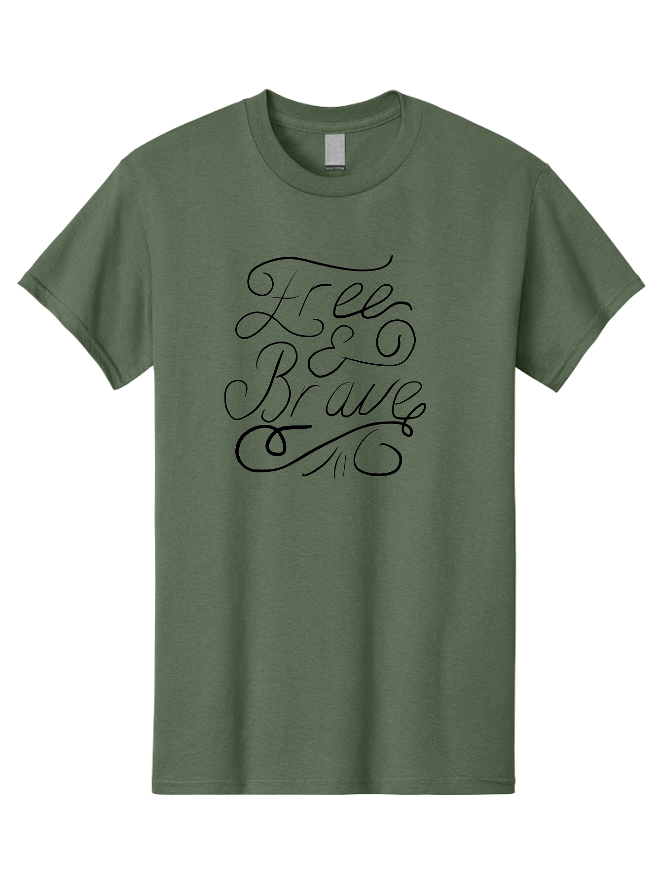 Free-Brave Men'S Graphic Tee, 100% Cotton, Comfortable Casual Summer Wear, Machine Washable, Free & Brave Typography, Inspirational Quotes, Motivational Phrases, Elegant Script, Decorative Lettering, Black Calligraphy - Aaa039