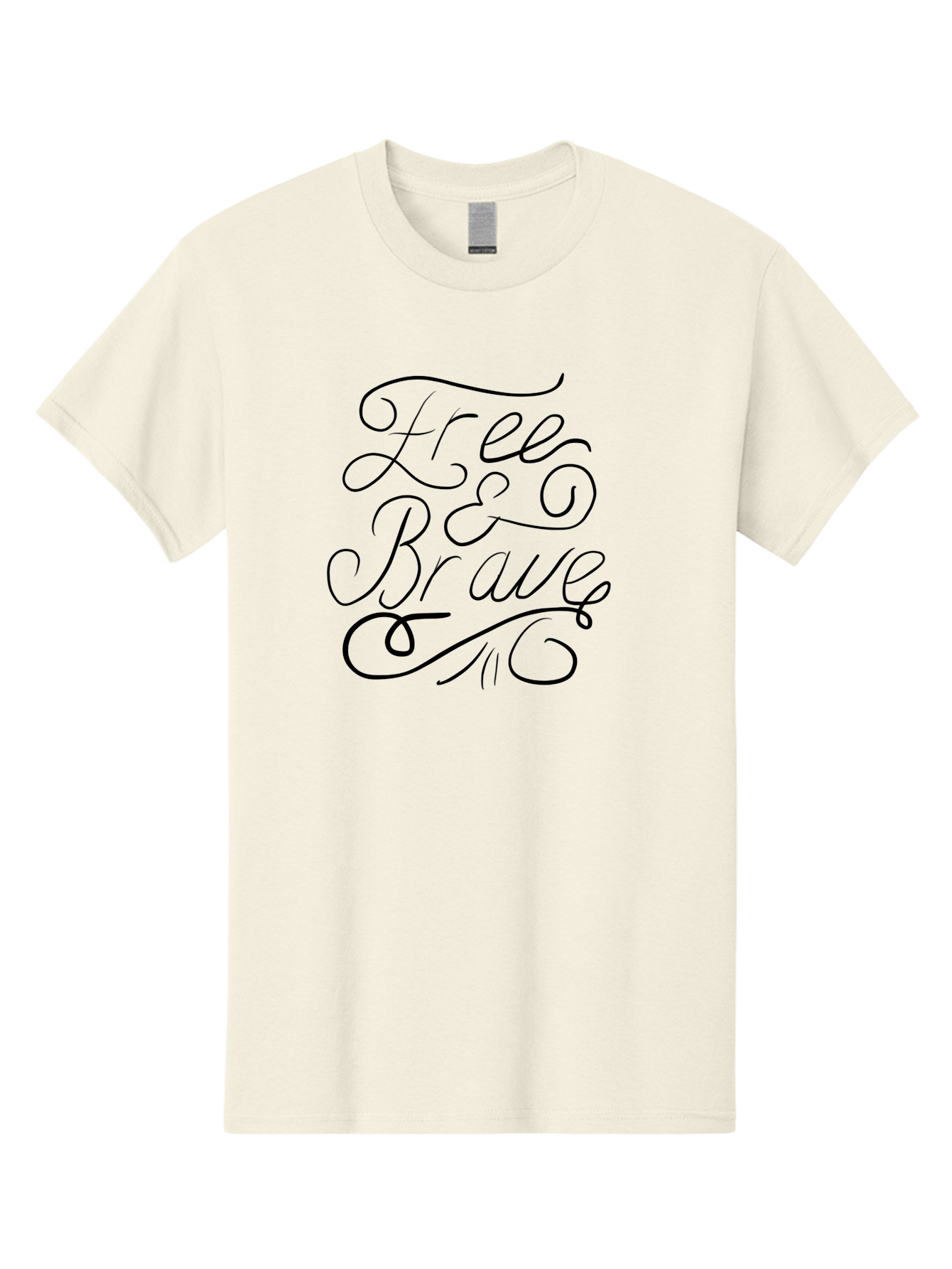 Free-Brave Men'S Graphic Tee, 100% Cotton, Comfortable Casual Summer Wear, Machine Washable, Free & Brave Typography, Inspirational Quotes, Motivational Phrases, Elegant Script, Decorative Lettering, Black Calligraphy - Aaa039