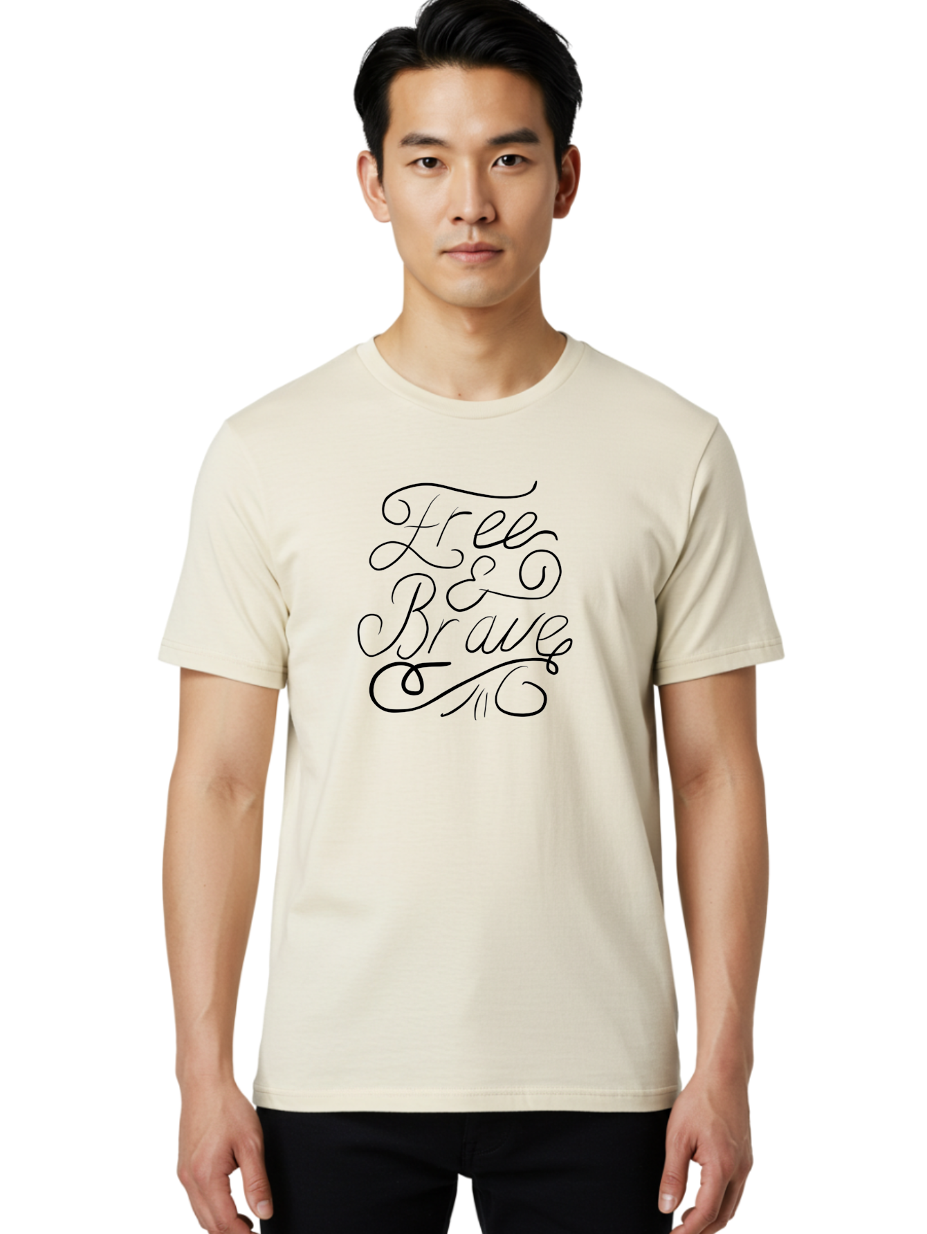 Free-Brave Men'S Graphic Tee, 100% Cotton, Comfortable Casual Summer Wear, Machine Washable, Free & Brave Typography, Inspirational Quotes, Motivational Phrases, Elegant Script, Decorative Lettering, Black Calligraphy - Aaa039
