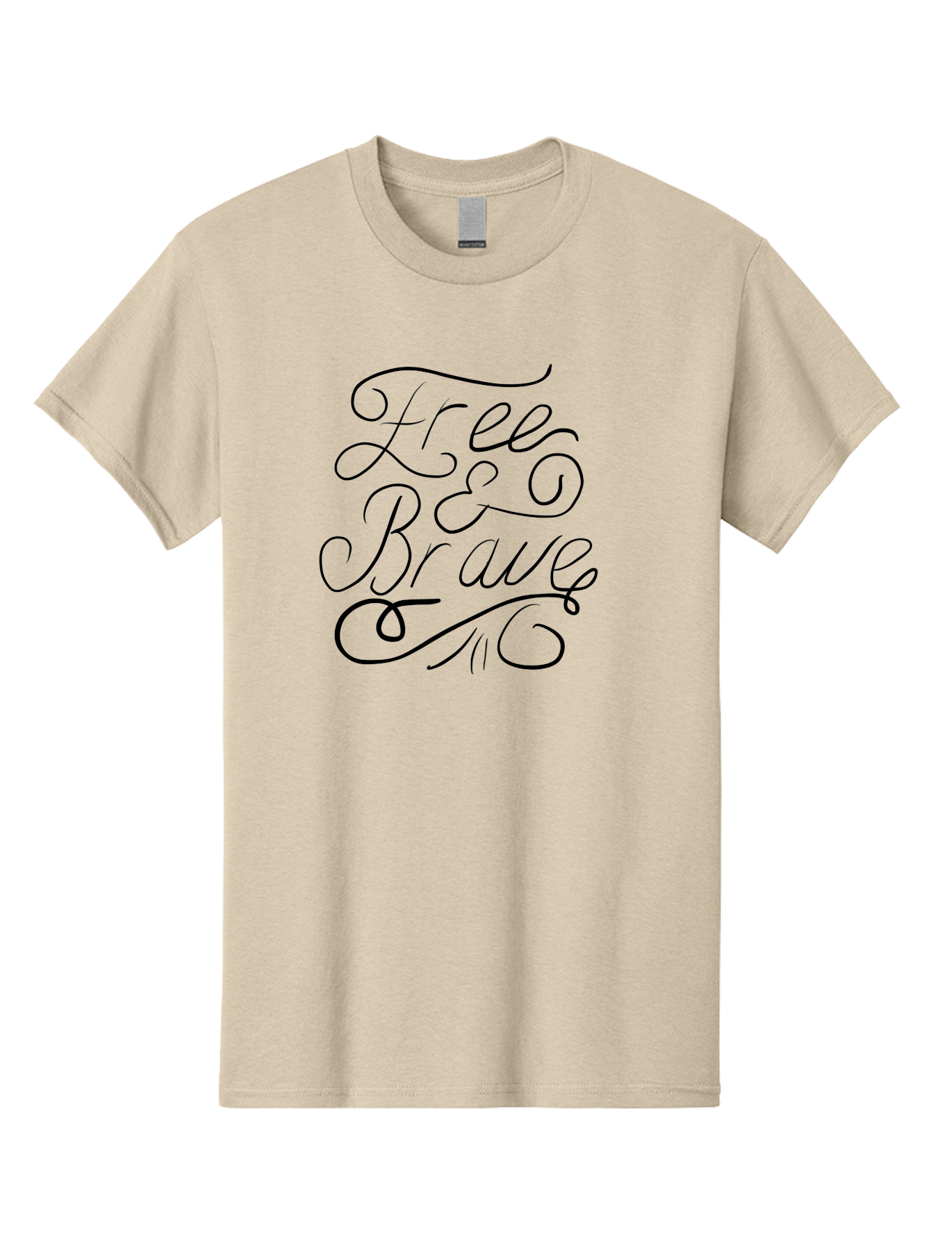 Free-Brave Men'S Graphic Tee, 100% Cotton, Comfortable Casual Summer Wear, Machine Washable, Free & Brave Typography, Inspirational Quotes, Motivational Phrases, Elegant Script, Decorative Lettering, Black Calligraphy - Aaa039