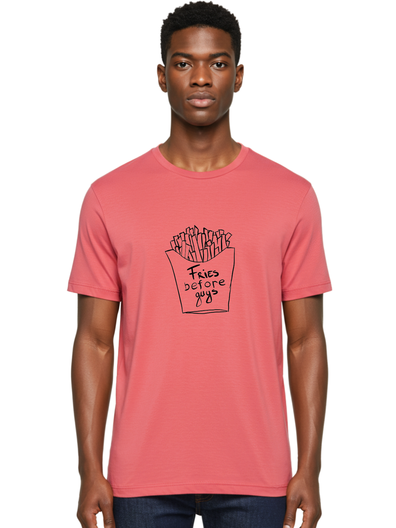 Fries-Before-Guys Men'S Graphic Tee, 100% Cotton, Comfortable Casual Summer Wear, Machine Washable, Funny Quote, French Fries, Foodie Humor, Sassy Phrase, Quirky Illustration, Hand-Drawn, Witty Saying, Fries Before Guys - Aaa040