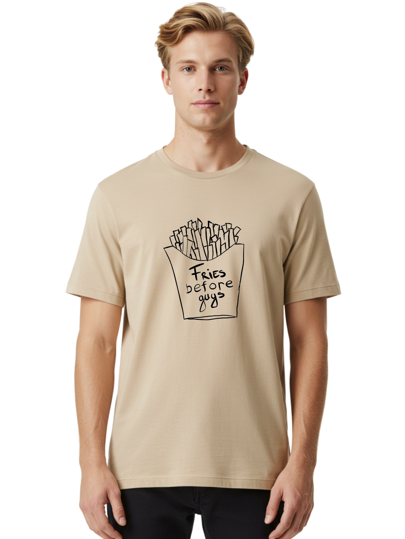 Fries-Before-Guys Men'S Graphic Tee, 100% Cotton, Comfortable Casual Summer Wear, Machine Washable, Funny Quote, French Fries, Foodie Humor, Sassy Phrase, Quirky Illustration, Hand-Drawn, Witty Saying, Fries Before Guys - Aaa040