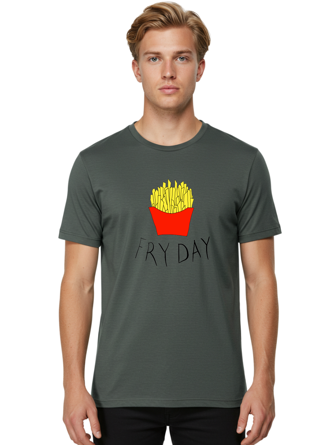 Fry-Day Men'S Graphic Tee, 100% Cotton, Comfortable Casual Summer Wear, Machine Washable, French Fries, Red Container, Yellow Fries, Cartoon Style, Playful Graphics, Food Illustration, Restaurant Promotion - Aaa041