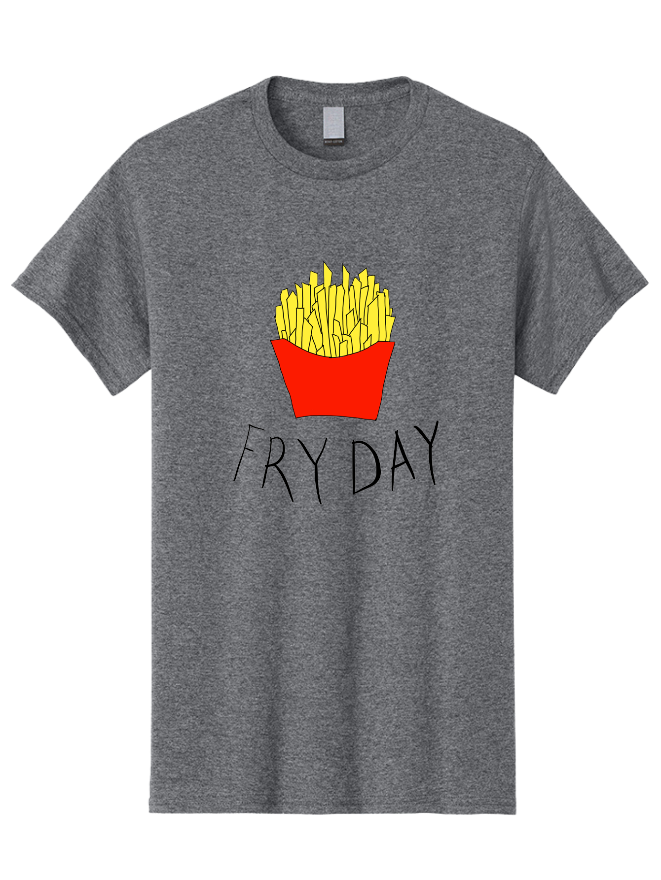 Fry-Day Men'S Graphic Tee, 100% Cotton, Comfortable Casual Summer Wear, Machine Washable, French Fries, Red Container, Yellow Fries, Cartoon Style, Playful Graphics, Food Illustration, Restaurant Promotion - Aaa041