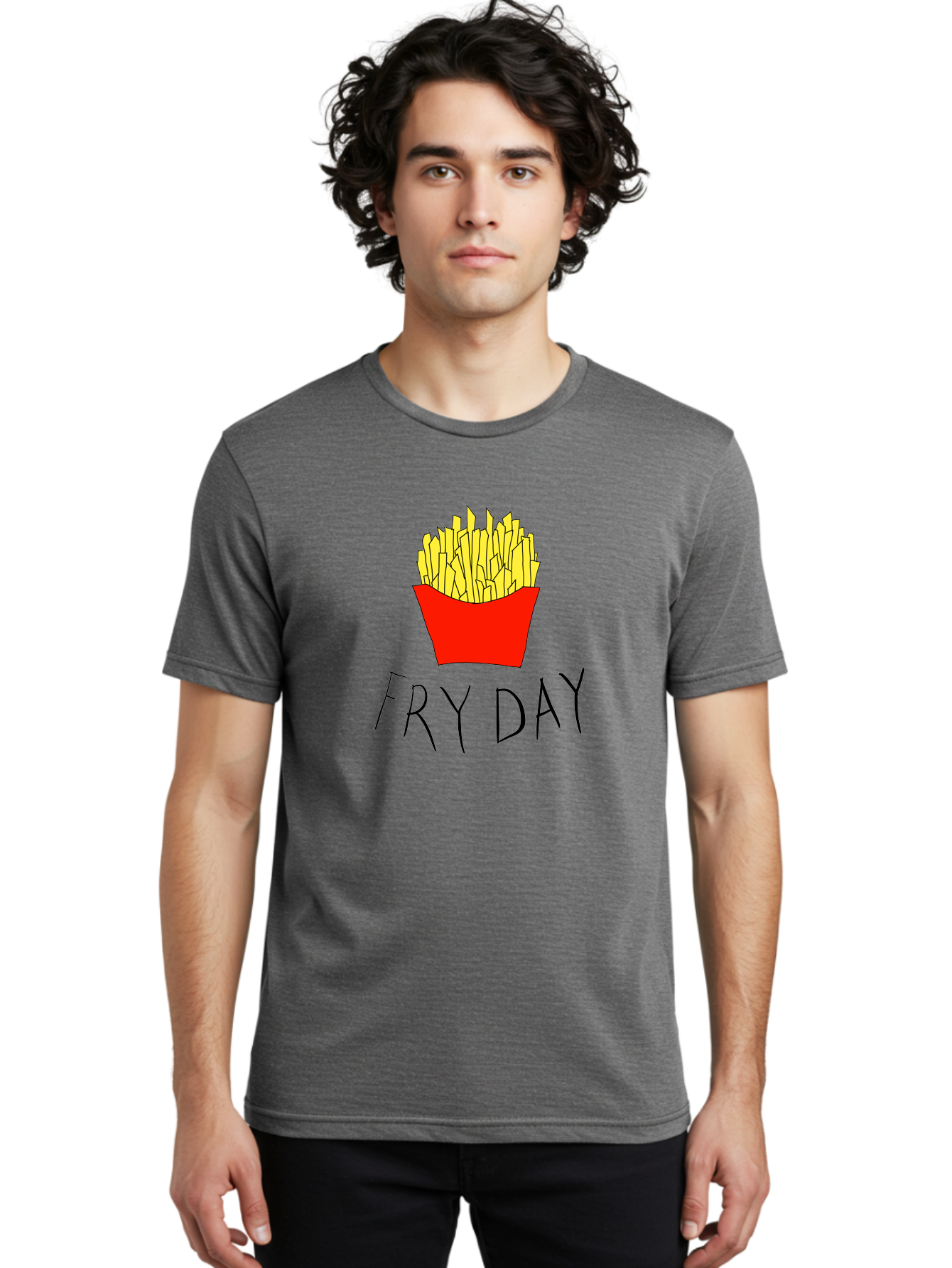 Fry-Day Men'S Graphic Tee, 100% Cotton, Comfortable Casual Summer Wear, Machine Washable, French Fries, Red Container, Yellow Fries, Cartoon Style, Playful Graphics, Food Illustration, Restaurant Promotion - Aaa041