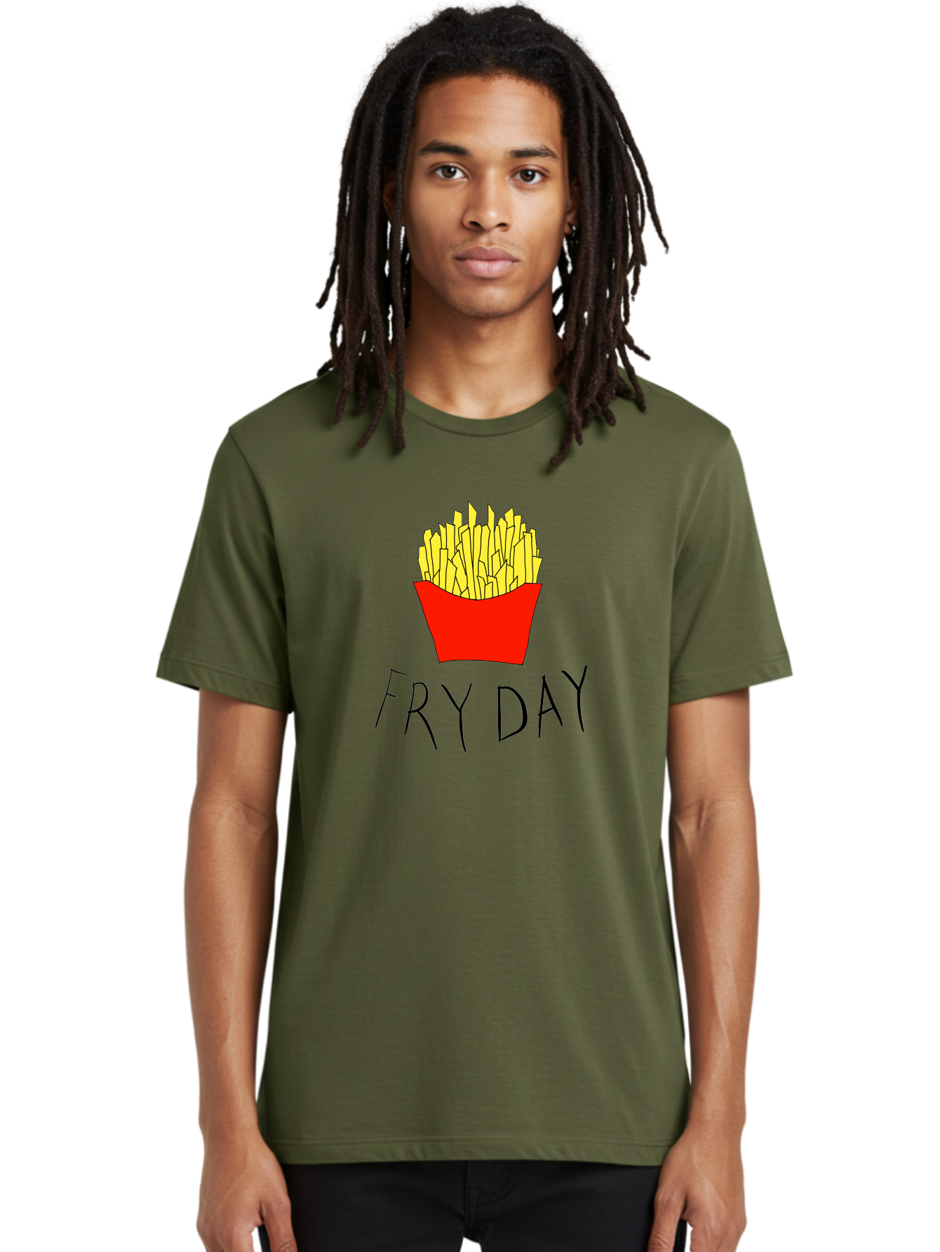 Fry-Day Men'S Graphic Tee, 100% Cotton, Comfortable Casual Summer Wear, Machine Washable, French Fries, Red Container, Yellow Fries, Cartoon Style, Playful Graphics, Food Illustration, Restaurant Promotion - Aaa041