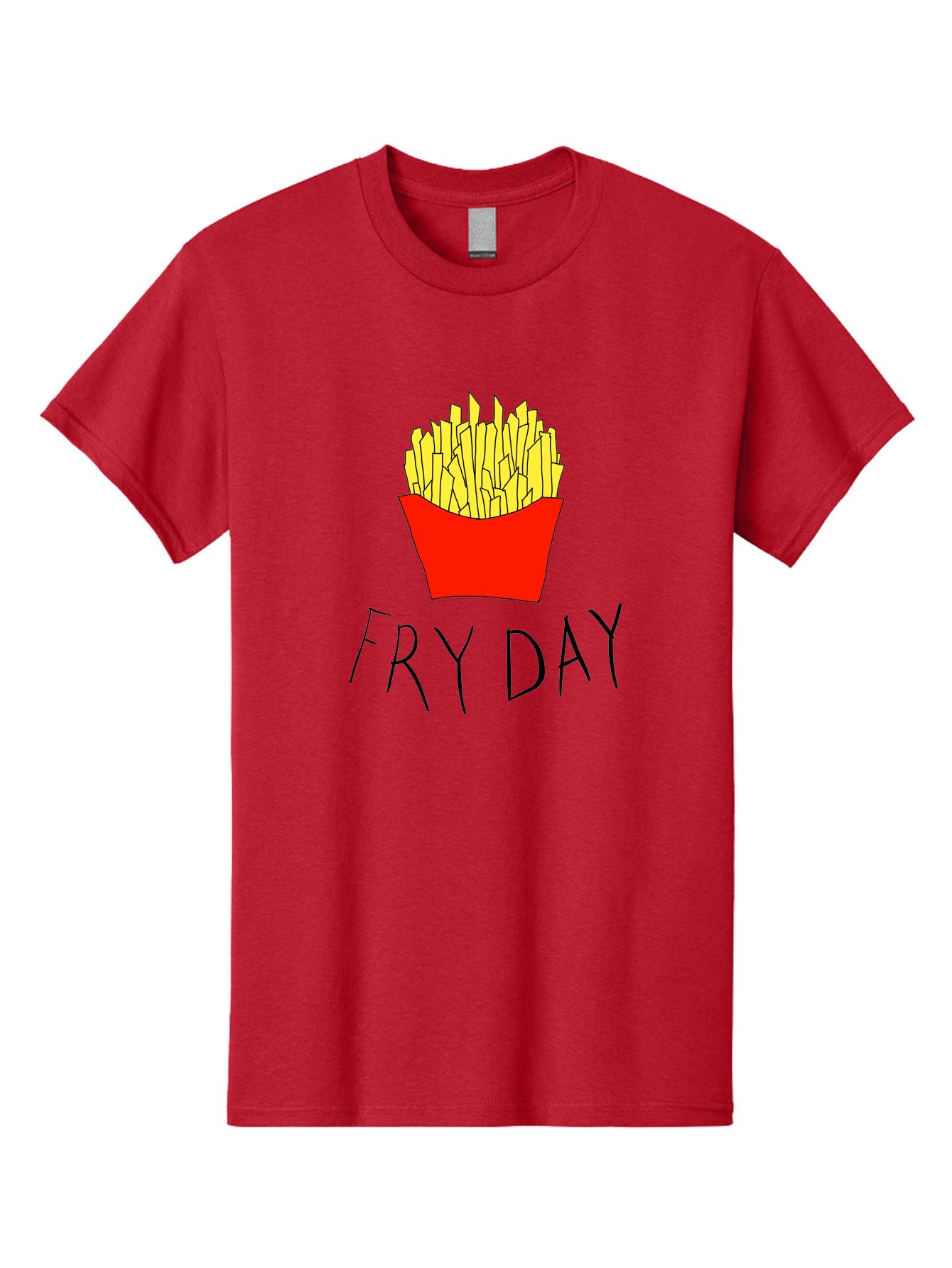 Fry-Day Men'S Graphic Tee, 100% Cotton, Comfortable Casual Summer Wear, Machine Washable, French Fries, Red Container, Yellow Fries, Cartoon Style, Playful Graphics, Food Illustration, Restaurant Promotion - Aaa041