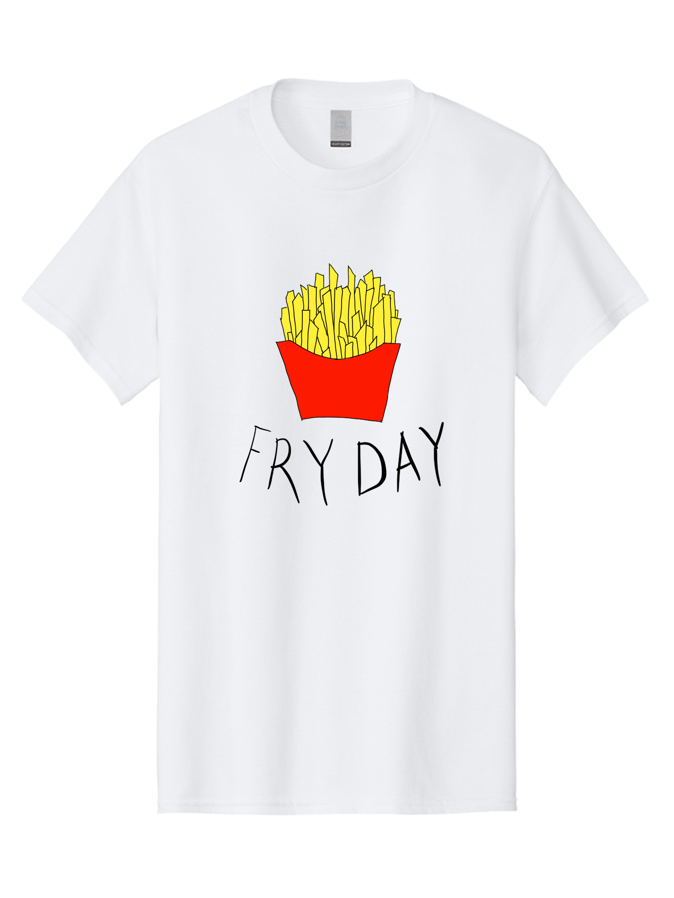 Fry-Day Men'S Graphic Tee, 100% Cotton, Comfortable Casual Summer Wear, Machine Washable, French Fries, Red Container, Yellow Fries, Cartoon Style, Playful Graphics, Food Illustration, Restaurant Promotion - Aaa041