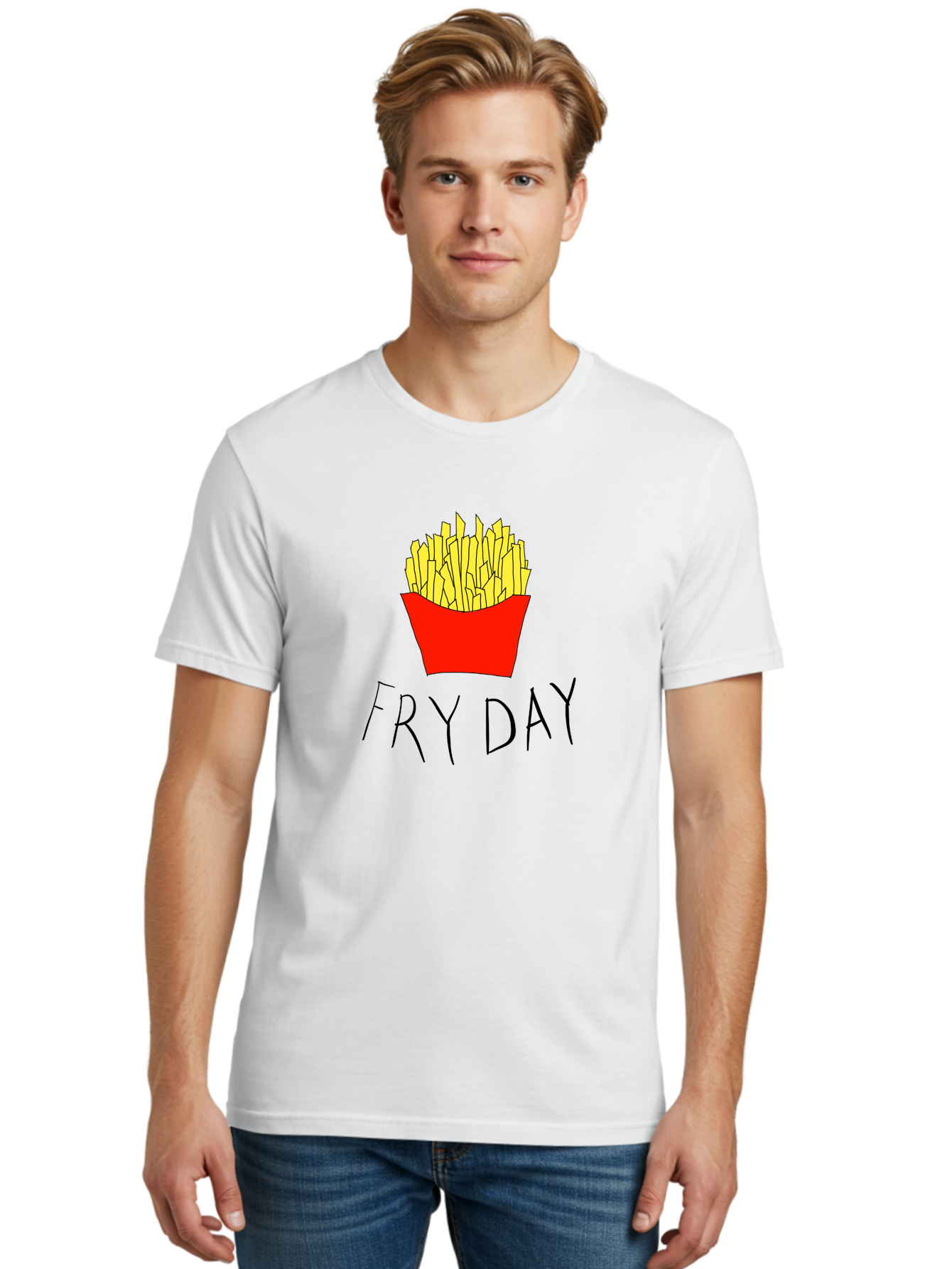 Fry-Day Men'S Graphic Tee, 100% Cotton, Comfortable Casual Summer Wear, Machine Washable, French Fries, Red Container, Yellow Fries, Cartoon Style, Playful Graphics, Food Illustration, Restaurant Promotion - Aaa041