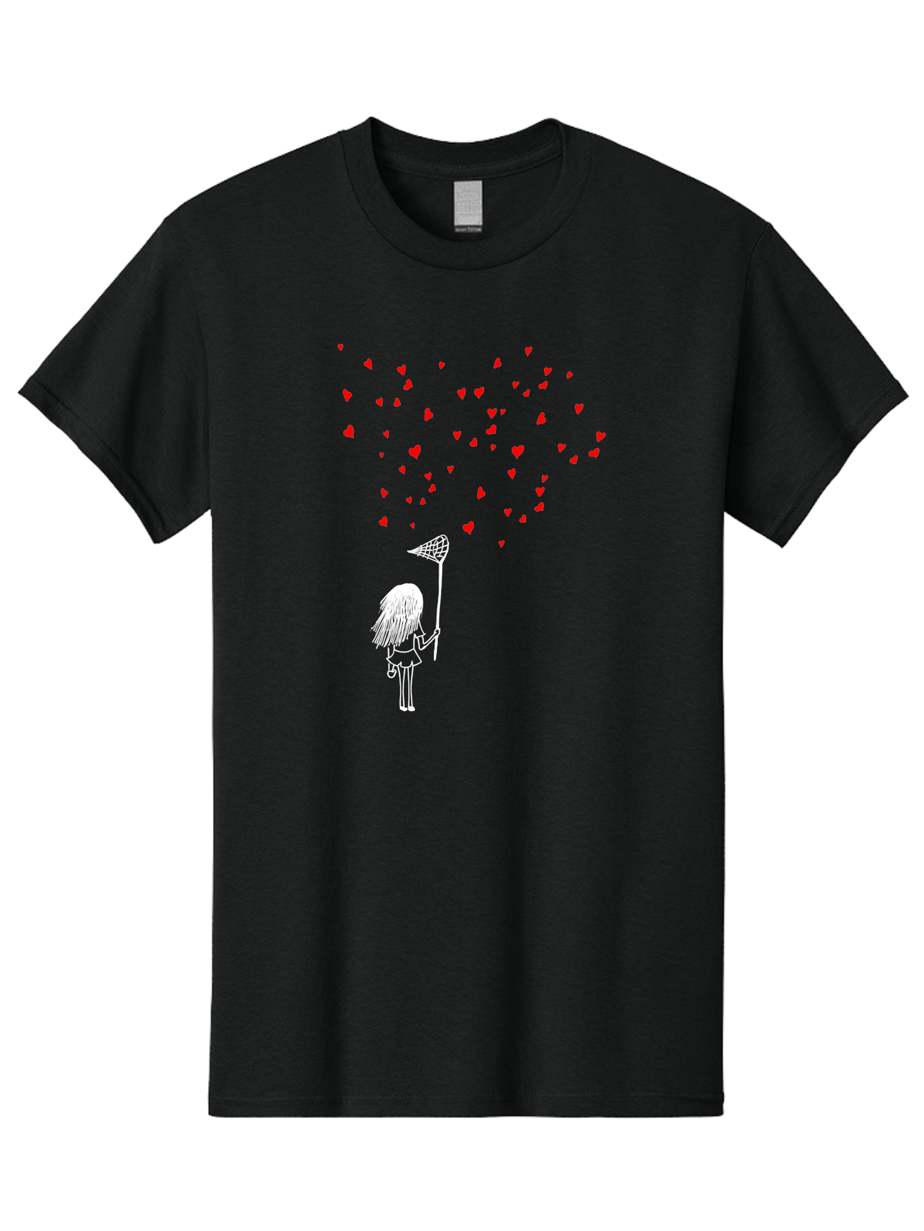 Girl-Catching-Hearts Men'S Graphic Tee, 100% Cotton, Comfortable Casual Summer Wear, Machine Washable, Girl Catching Hearts, Heart-Shaped Objects, Net In Hand, Whimsical Illustration, Playful Theme, Red Hearts, White Outline, Cute Character - Aaa042