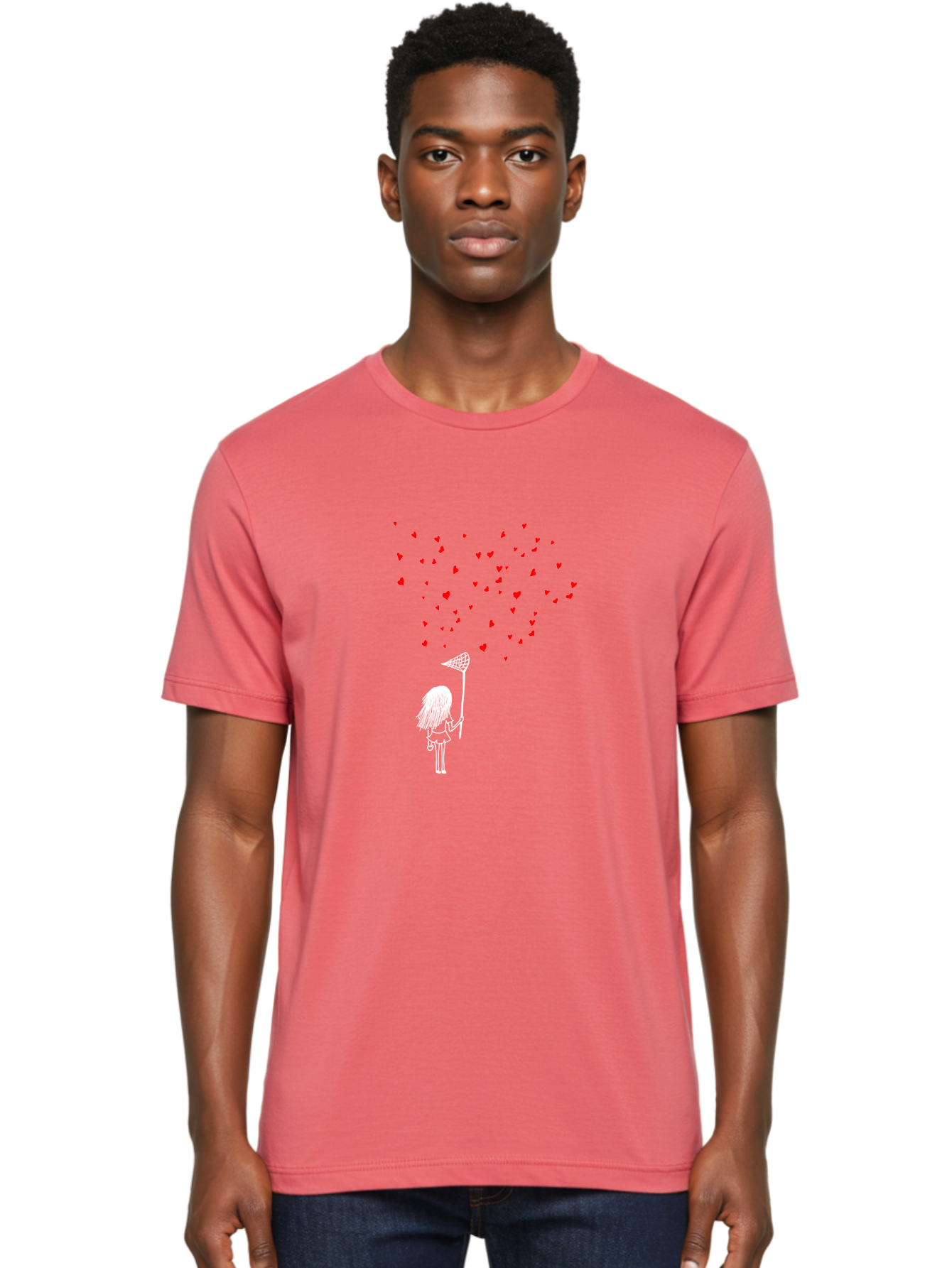 Girl-Catching-Hearts Men'S Graphic Tee, 100% Cotton, Comfortable Casual Summer Wear, Machine Washable, Girl Catching Hearts, Heart-Shaped Objects, Net In Hand, Whimsical Illustration, Playful Theme, Red Hearts, White Outline, Cute Character - Aaa042