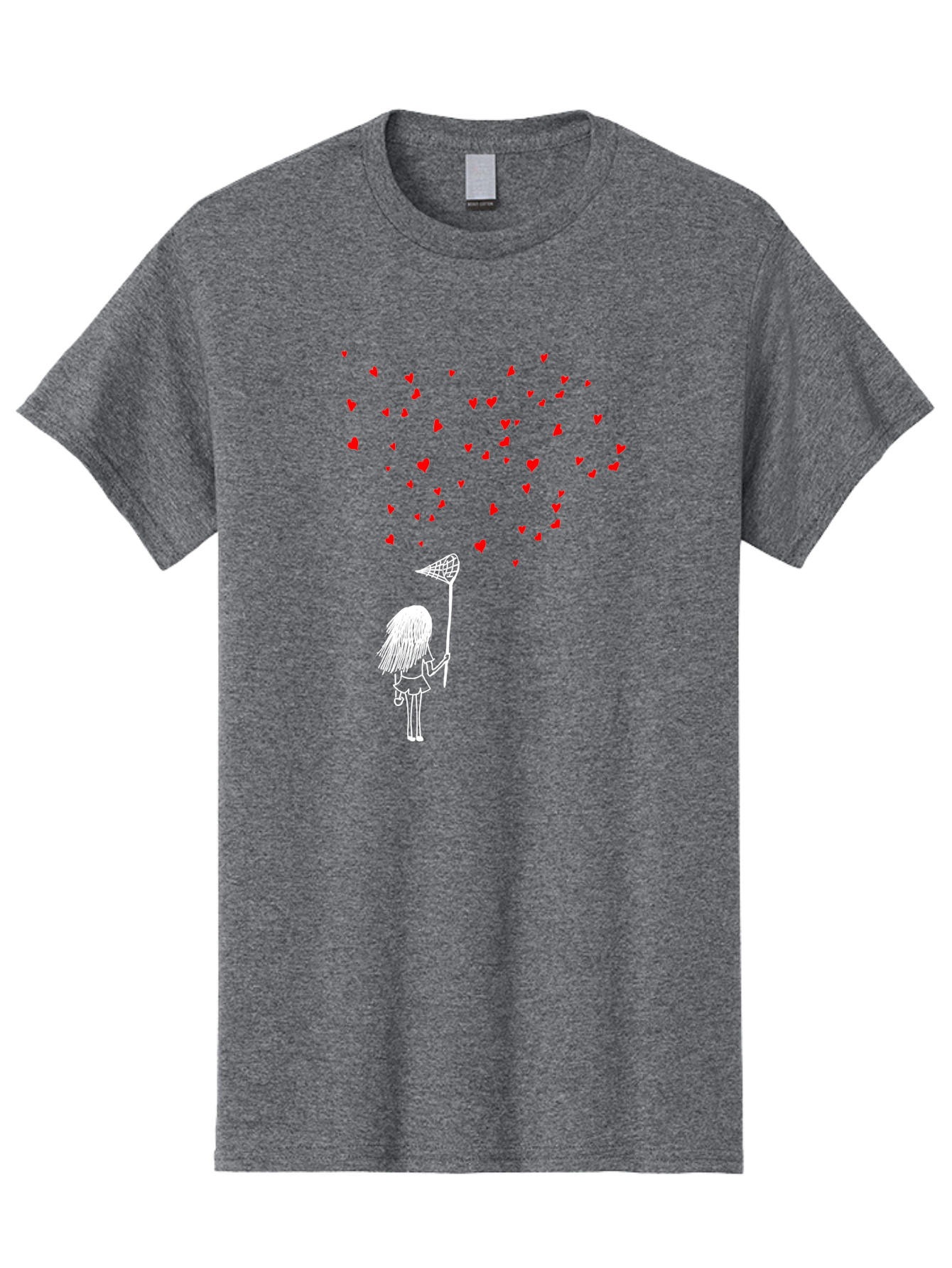 Girl-Catching-Hearts Men'S Graphic Tee, 100% Cotton, Comfortable Casual Summer Wear, Machine Washable, Girl Catching Hearts, Heart-Shaped Objects, Net In Hand, Whimsical Illustration, Playful Theme, Red Hearts, White Outline, Cute Character - Aaa042