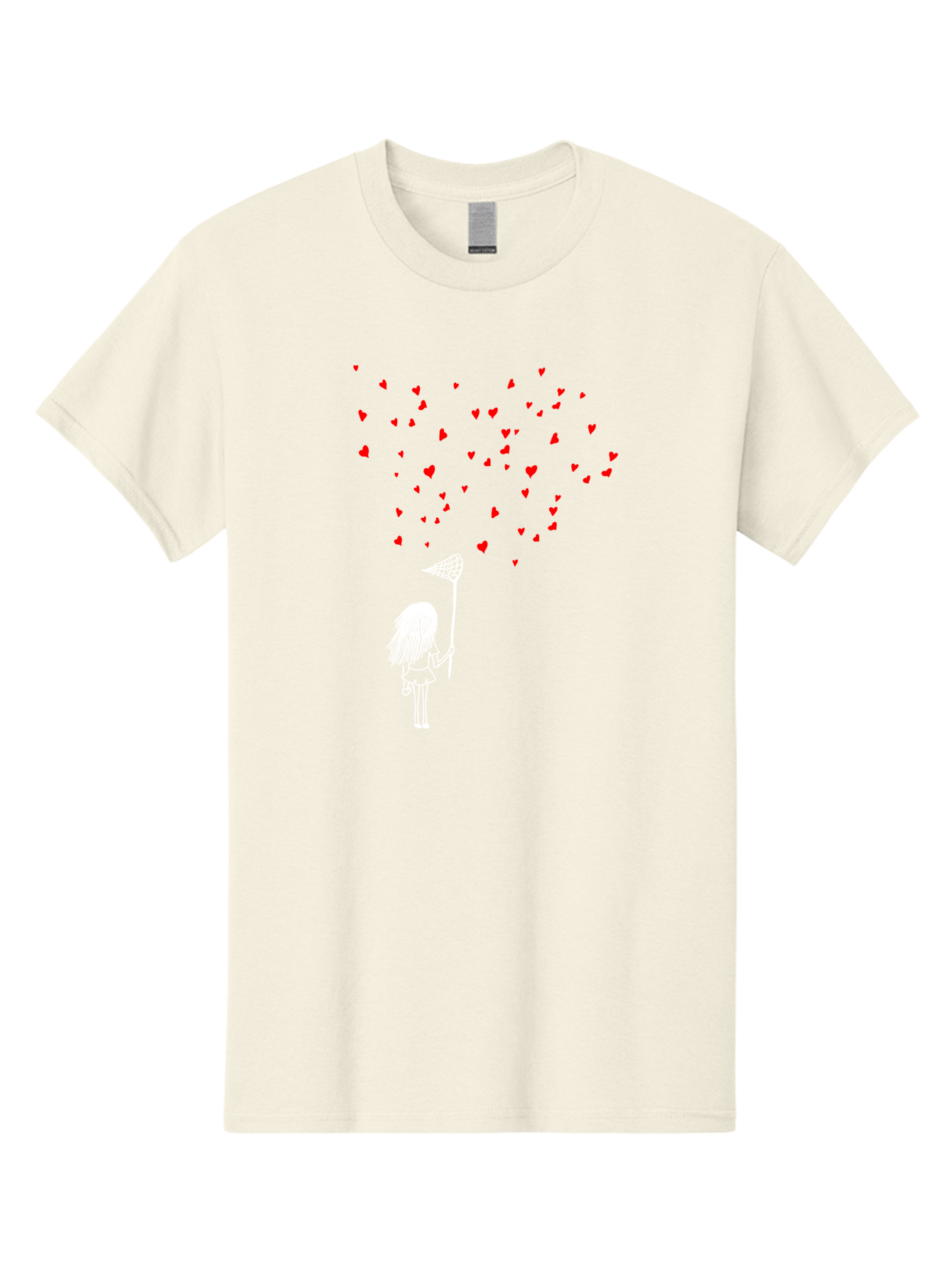 Girl-Catching-Hearts Men'S Graphic Tee, 100% Cotton, Comfortable Casual Summer Wear, Machine Washable, Girl Catching Hearts, Heart-Shaped Objects, Net In Hand, Whimsical Illustration, Playful Theme, Red Hearts, White Outline, Cute Character - Aaa042