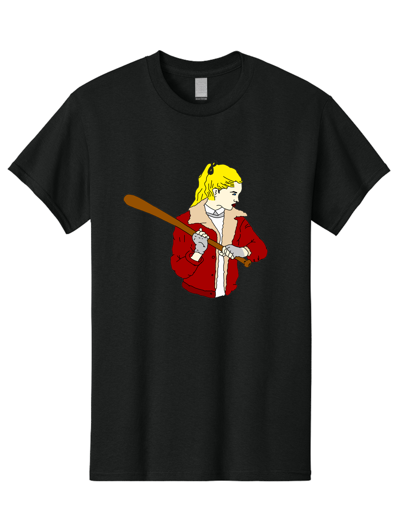 Girl-With-Baseball-Bat Men'S Graphic Tee, 100% Cotton, Comfortable Casual Summer Wear, Machine Washable, Girl With Blonde Hair, Red Jacket With Fur Collar, Holding Baseball Bat, Cartoon Style, Baseball Player, Young Athlete, Sporty Girl, - Aaa044
