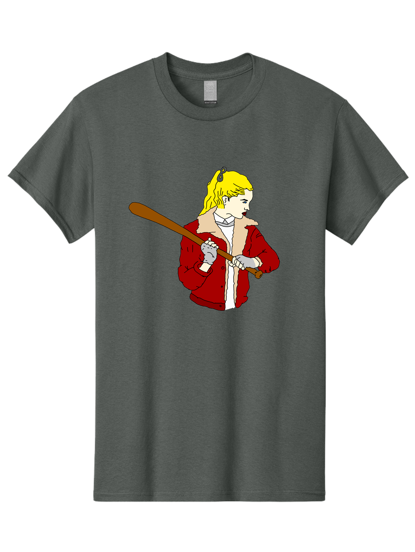Girl-With-Baseball-Bat Men'S Graphic Tee, 100% Cotton, Comfortable Casual Summer Wear, Machine Washable, Girl With Blonde Hair, Red Jacket With Fur Collar, Holding Baseball Bat, Cartoon Style, Baseball Player, Young Athlete, Sporty Girl, - Aaa044