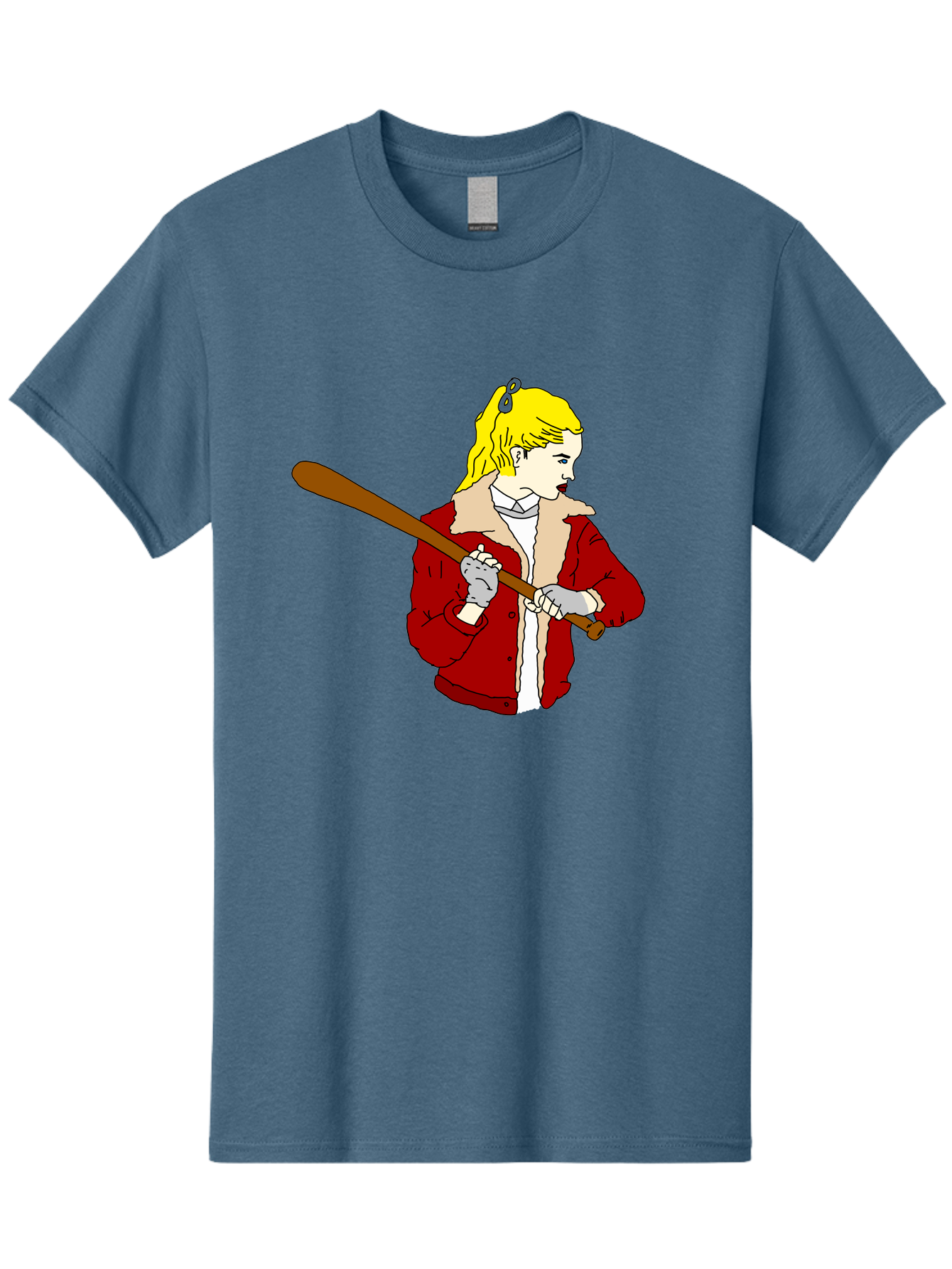 Girl-With-Baseball-Bat Men'S Graphic Tee, 100% Cotton, Comfortable Casual Summer Wear, Machine Washable, Girl With Blonde Hair, Red Jacket With Fur Collar, Holding Baseball Bat, Cartoon Style, Baseball Player, Young Athlete, Sporty Girl, - Aaa044
