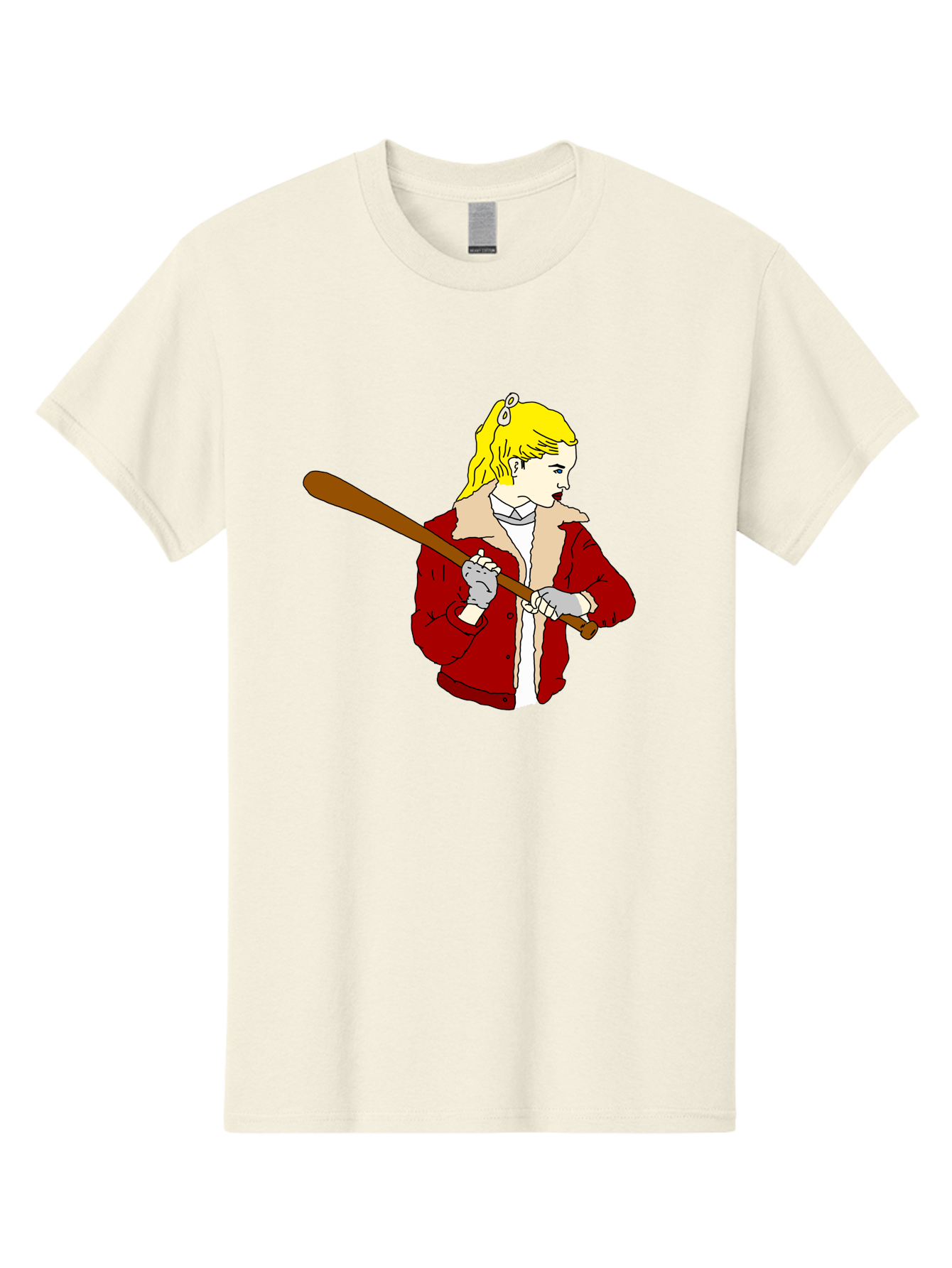 Girl-With-Baseball-Bat Men'S Graphic Tee, 100% Cotton, Comfortable Casual Summer Wear, Machine Washable, Girl With Blonde Hair, Red Jacket With Fur Collar, Holding Baseball Bat, Cartoon Style, Baseball Player, Young Athlete, Sporty Girl, - Aaa044