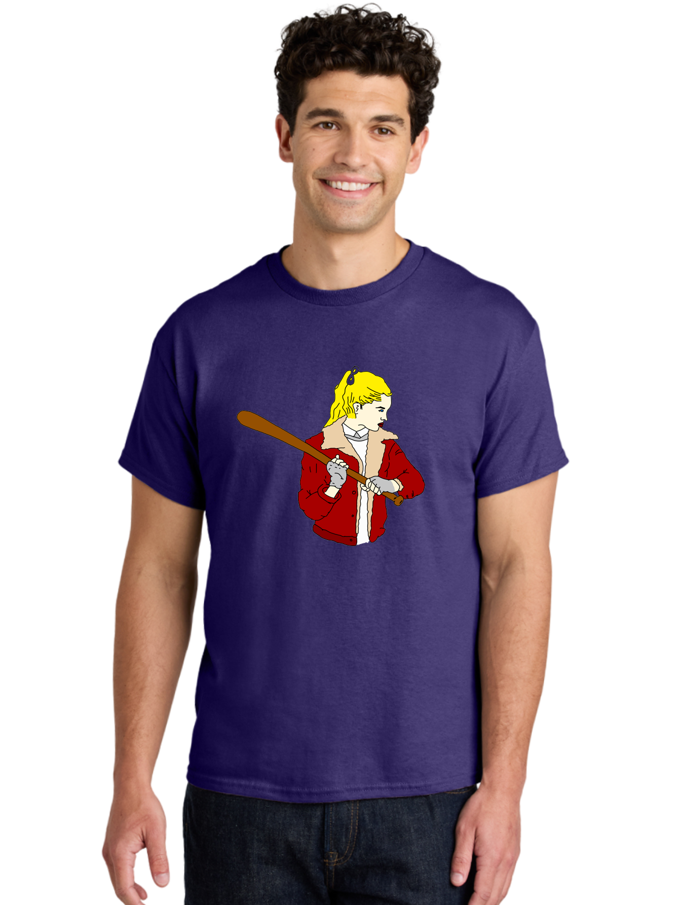 Girl-With-Baseball-Bat Men'S Graphic Tee, 100% Cotton, Comfortable Casual Summer Wear, Machine Washable, Girl With Blonde Hair, Red Jacket With Fur Collar, Holding Baseball Bat, Cartoon Style, Baseball Player, Young Athlete, Sporty Girl, - Aaa044