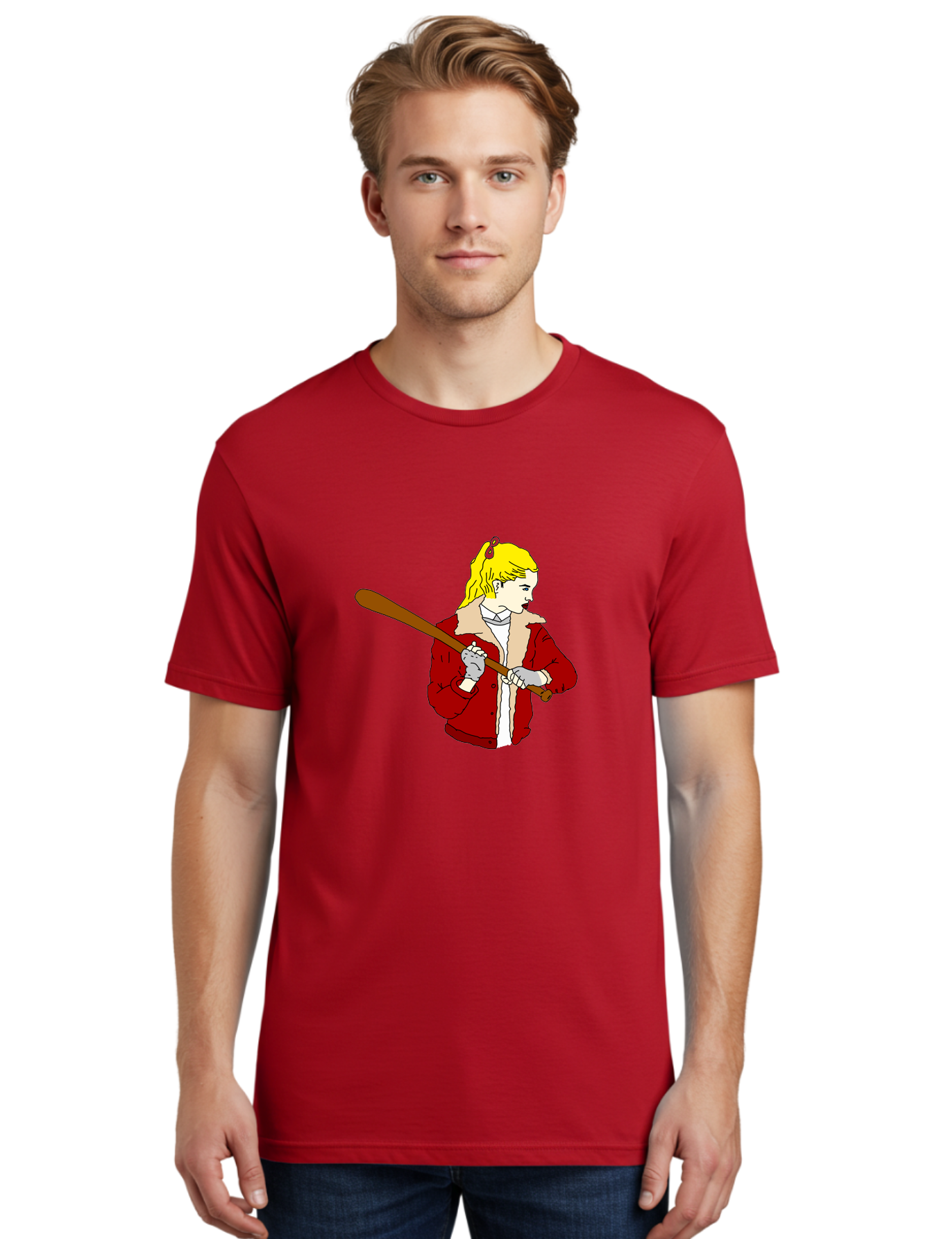 Girl-With-Baseball-Bat Men'S Graphic Tee, 100% Cotton, Comfortable Casual Summer Wear, Machine Washable, Girl With Blonde Hair, Red Jacket With Fur Collar, Holding Baseball Bat, Cartoon Style, Baseball Player, Young Athlete, Sporty Girl, - Aaa044