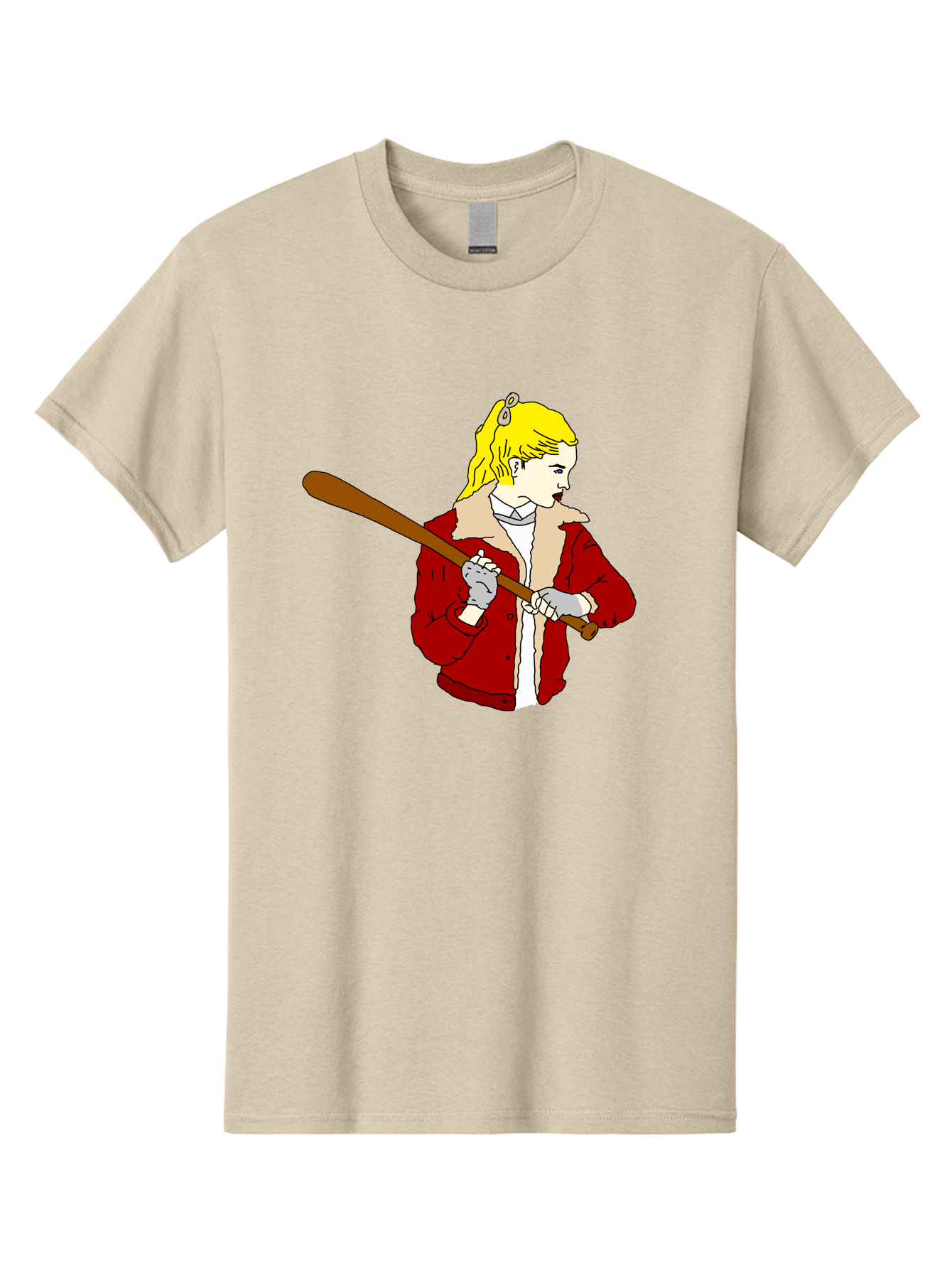 Girl-With-Baseball-Bat Men'S Graphic Tee, 100% Cotton, Comfortable Casual Summer Wear, Machine Washable, Girl With Blonde Hair, Red Jacket With Fur Collar, Holding Baseball Bat, Cartoon Style, Baseball Player, Young Athlete, Sporty Girl, - Aaa044