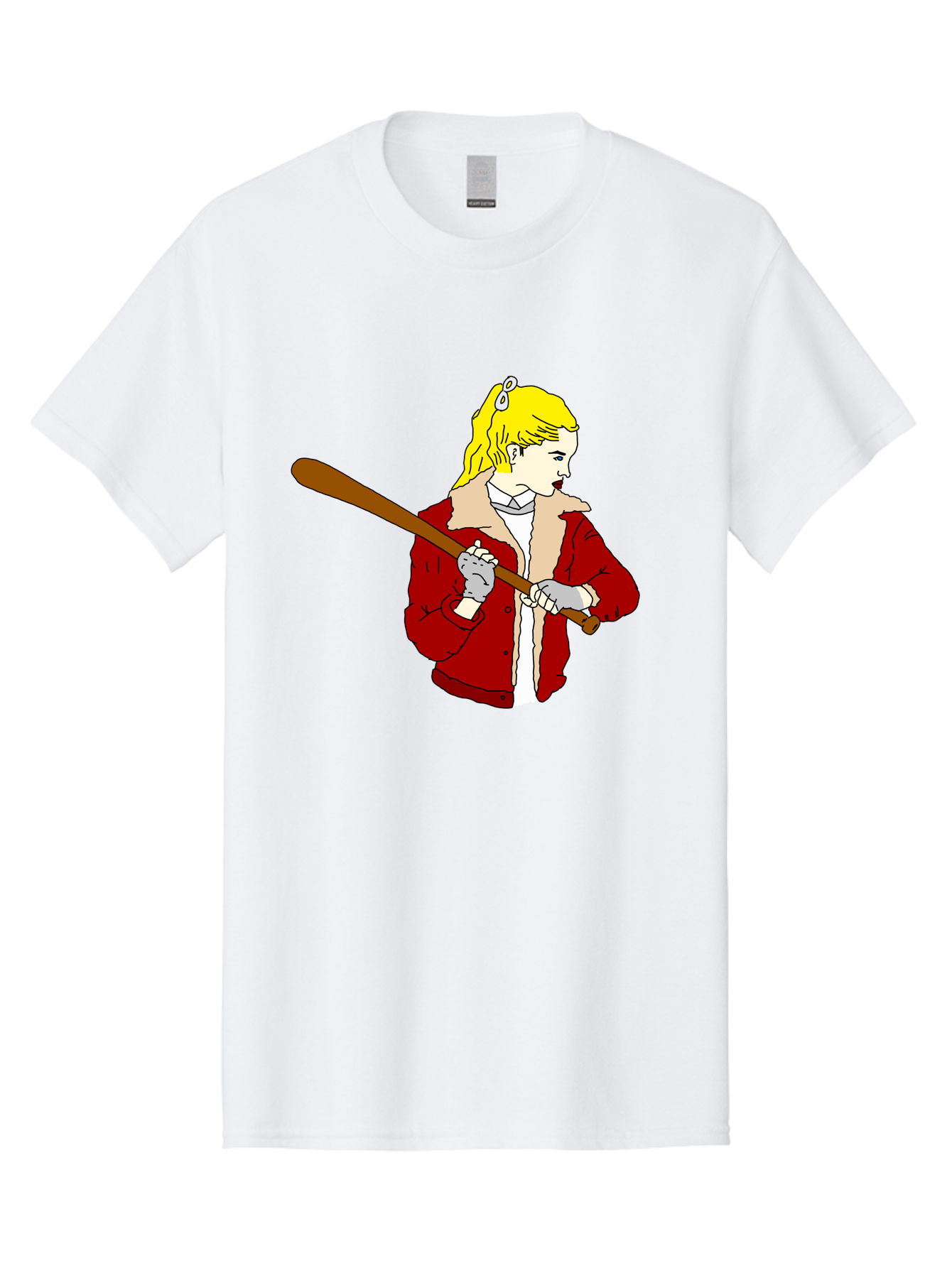 Girl-With-Baseball-Bat Men'S Graphic Tee, 100% Cotton, Comfortable Casual Summer Wear, Machine Washable, Girl With Blonde Hair, Red Jacket With Fur Collar, Holding Baseball Bat, Cartoon Style, Baseball Player, Young Athlete, Sporty Girl, - Aaa044