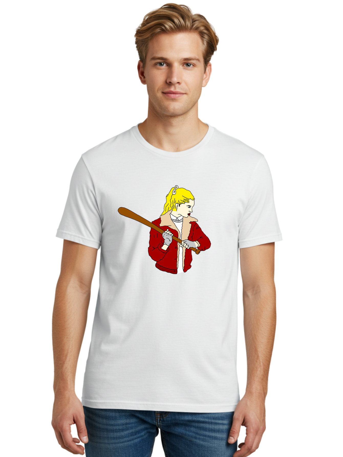 Girl-With-Baseball-Bat Men'S Graphic Tee, 100% Cotton, Comfortable Casual Summer Wear, Machine Washable, Girl With Blonde Hair, Red Jacket With Fur Collar, Holding Baseball Bat, Cartoon Style, Baseball Player, Young Athlete, Sporty Girl, - Aaa044