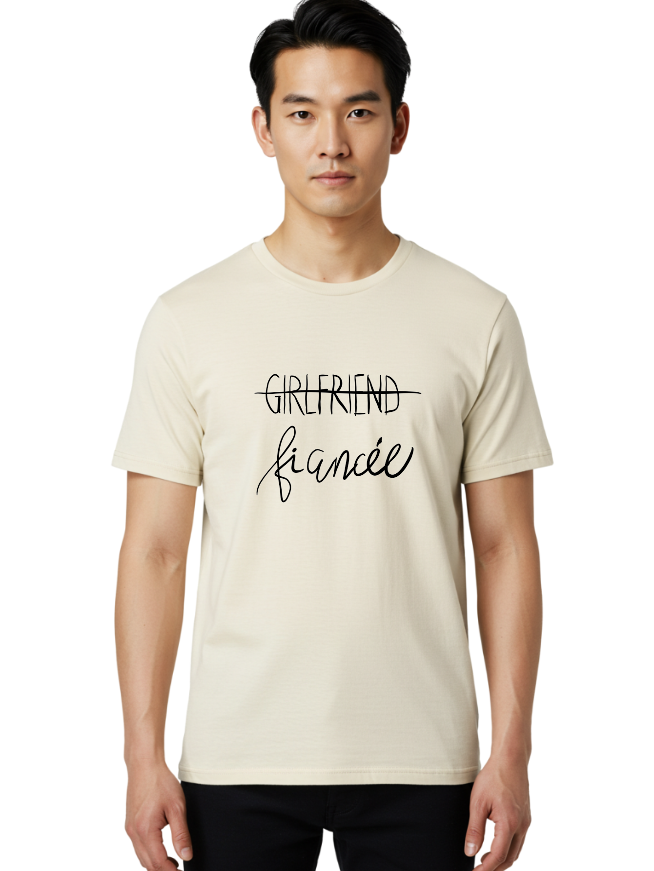 Girlfriend-Fiancee Men'S Graphic Tee, 100% Cotton, Comfortable Casual Summer Wear, Machine Washable, Girlfriend Crossed Out, Fiancée Written Below, Relationship Status Change, Commitment Upgrade, Word Art, Text Overlay, Relationship Goals - Aaa045