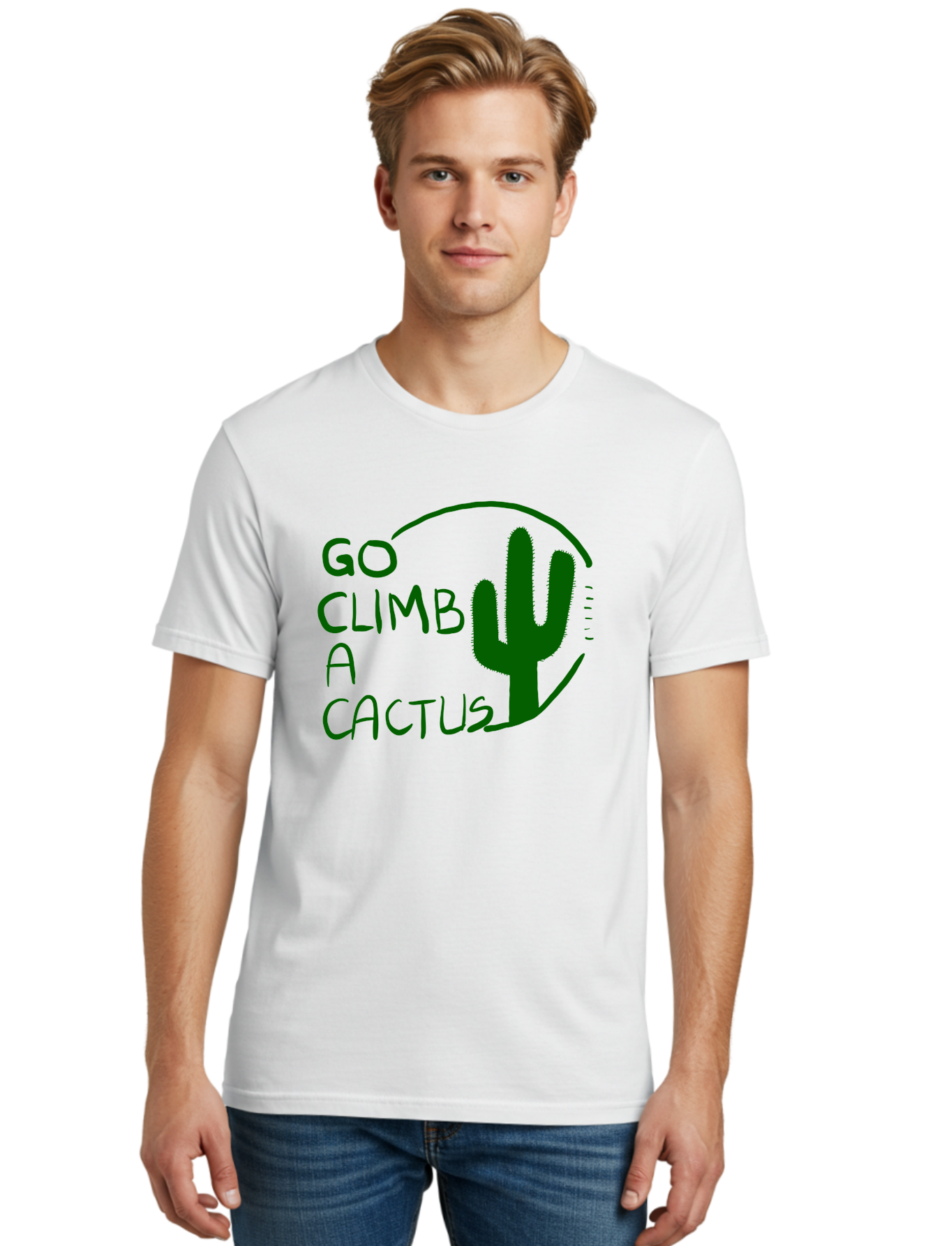 Go-Climb-A-Cactus Men'S Graphic Tee, 100% Cotton, Comfortable Casual Summer Wear, Machine Washable, Go Climb Cactus, Funny Sayings, Motivational Quotes, Satire, Humor, Adventure, Outdoors, Quirky, Cactus Love, Sarcasm - Aaa047