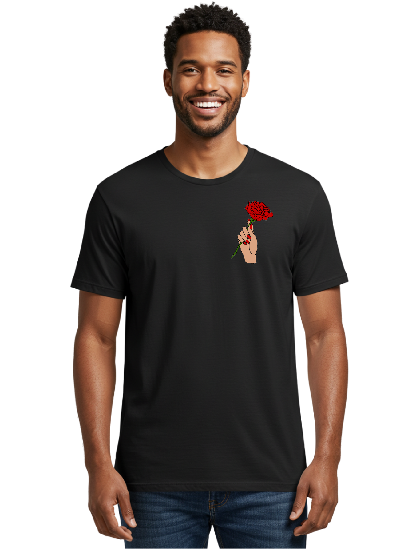 Hand-Holding-Red-Rose Men'S Graphic Tee, 100% Cotton, Comfortable Casual Summer Wear, Machine Washable, Hand Holding Red Rose, Red Rose Illustration, Romantic Gesture, Beautiful Flowers, Lovely Illustration, Cartoon Hand, Red Flowers - Aaa050