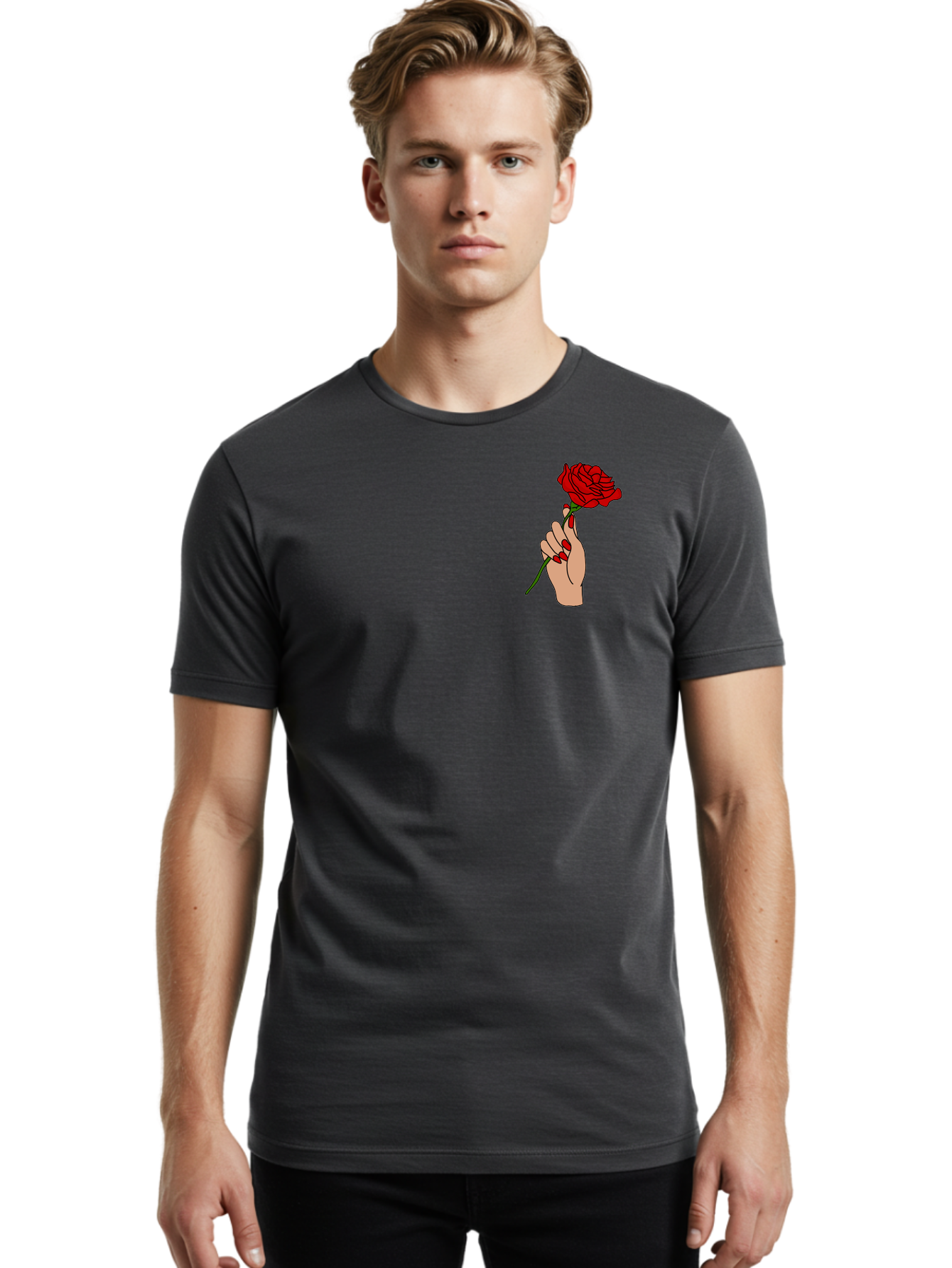 Hand-Holding-Red-Rose Men'S Graphic Tee, 100% Cotton, Comfortable Casual Summer Wear, Machine Washable, Hand Holding Red Rose, Red Rose Illustration, Romantic Gesture, Beautiful Flowers, Lovely Illustration, Cartoon Hand, Red Flowers - Aaa050