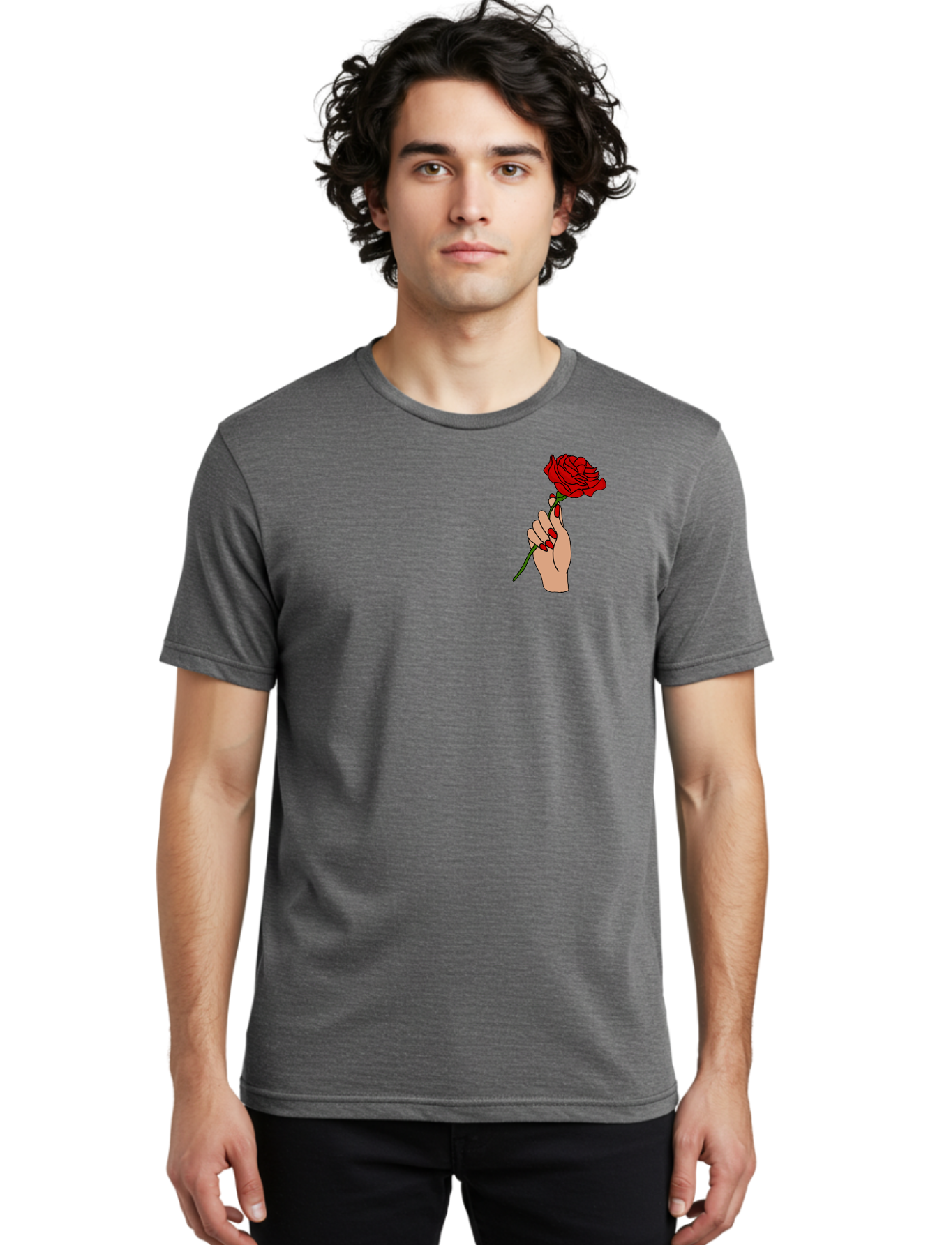 Hand-Holding-Red-Rose Men'S Graphic Tee, 100% Cotton, Comfortable Casual Summer Wear, Machine Washable, Hand Holding Red Rose, Red Rose Illustration, Romantic Gesture, Beautiful Flowers, Lovely Illustration, Cartoon Hand, Red Flowers - Aaa050