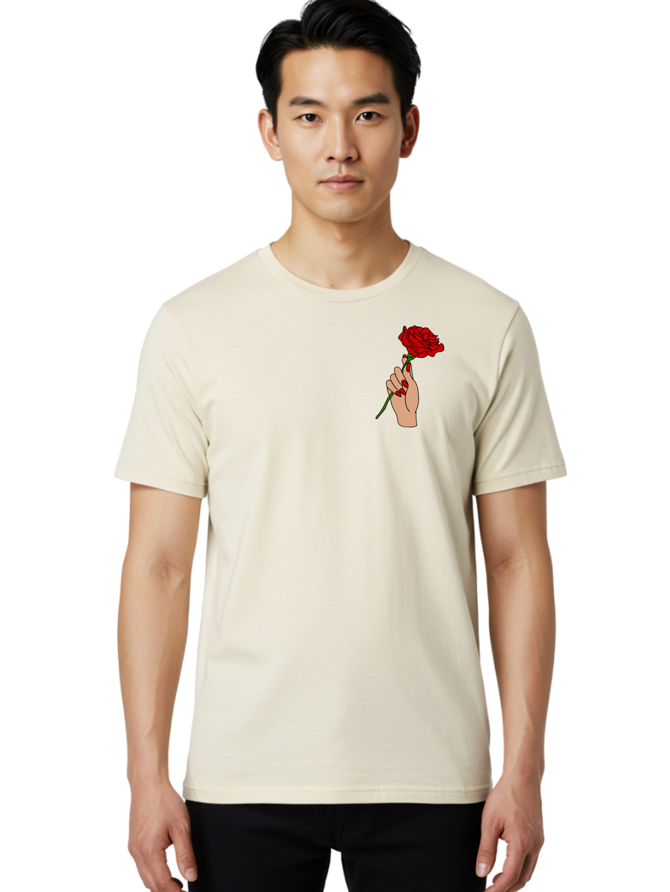 Hand-Holding-Red-Rose Men'S Graphic Tee, 100% Cotton, Comfortable Casual Summer Wear, Machine Washable, Hand Holding Red Rose, Red Rose Illustration, Romantic Gesture, Beautiful Flowers, Lovely Illustration, Cartoon Hand, Red Flowers - Aaa050
