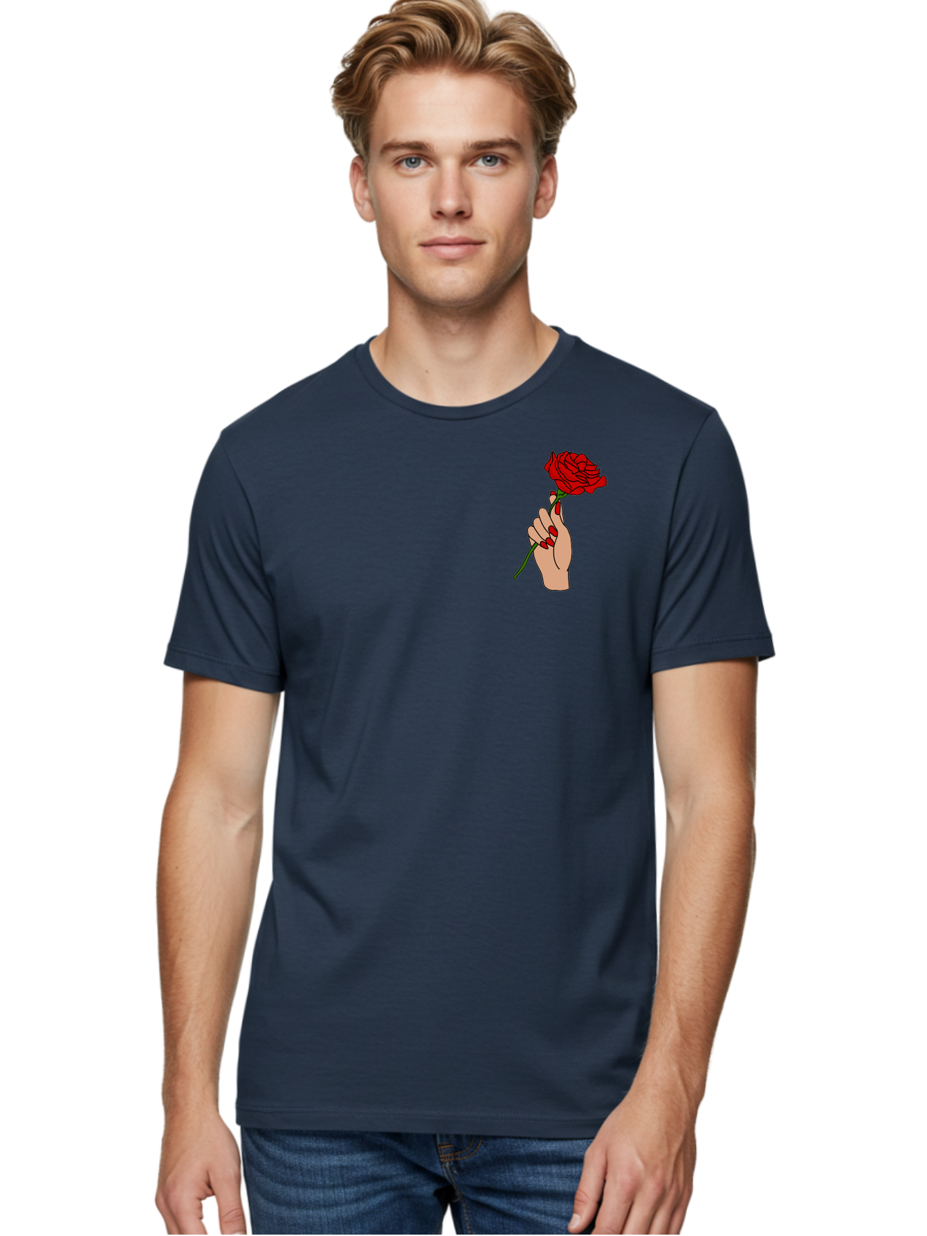 Hand-Holding-Red-Rose Men'S Graphic Tee, 100% Cotton, Comfortable Casual Summer Wear, Machine Washable, Hand Holding Red Rose, Red Rose Illustration, Romantic Gesture, Beautiful Flowers, Lovely Illustration, Cartoon Hand, Red Flowers - Aaa050