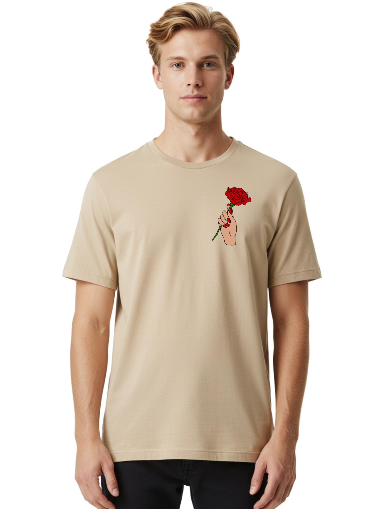 Hand-Holding-Red-Rose Men'S Graphic Tee, 100% Cotton, Comfortable Casual Summer Wear, Machine Washable, Hand Holding Red Rose, Red Rose Illustration, Romantic Gesture, Beautiful Flowers, Lovely Illustration, Cartoon Hand, Red Flowers - Aaa050