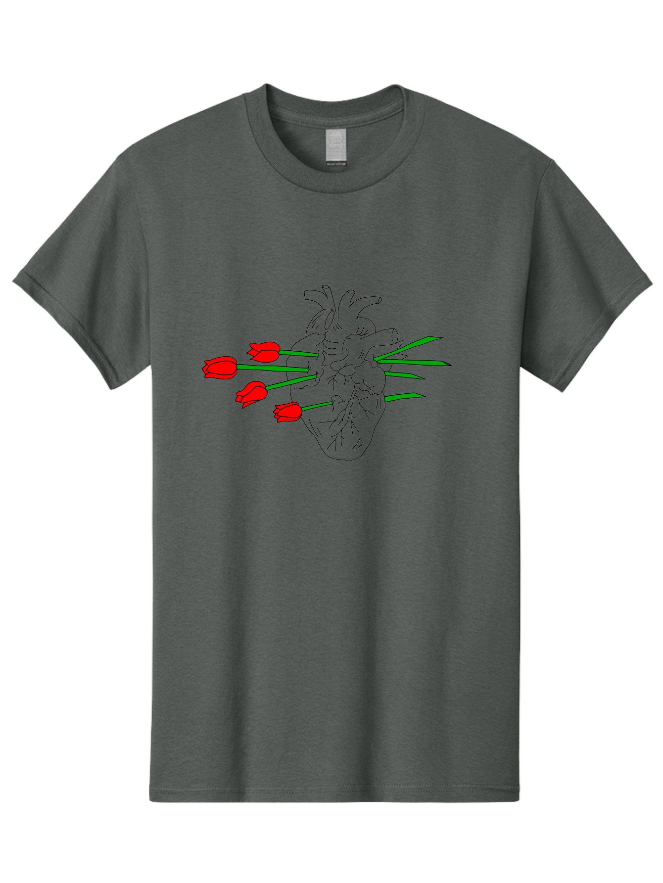 Heart-With-Tulips Men'S Graphic Tee, 100% Cotton, Comfortable Casual Summer Wear, Machine Washable, Human Heart, Anatomical Illustration, Tulips, Red Flowers, Daggers, Piercing, Love, Pain, Beauty, Contrast, Symbolic Art, - Aaa052
